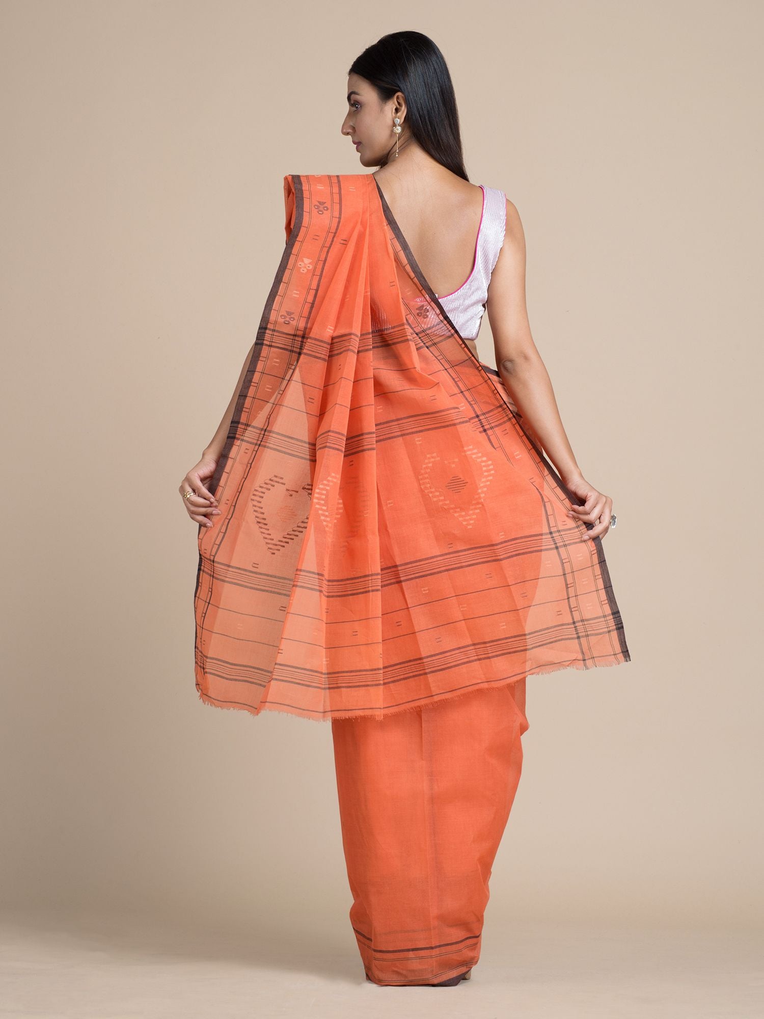 Coral Orange Pure Cotton Saree With Woven Designs