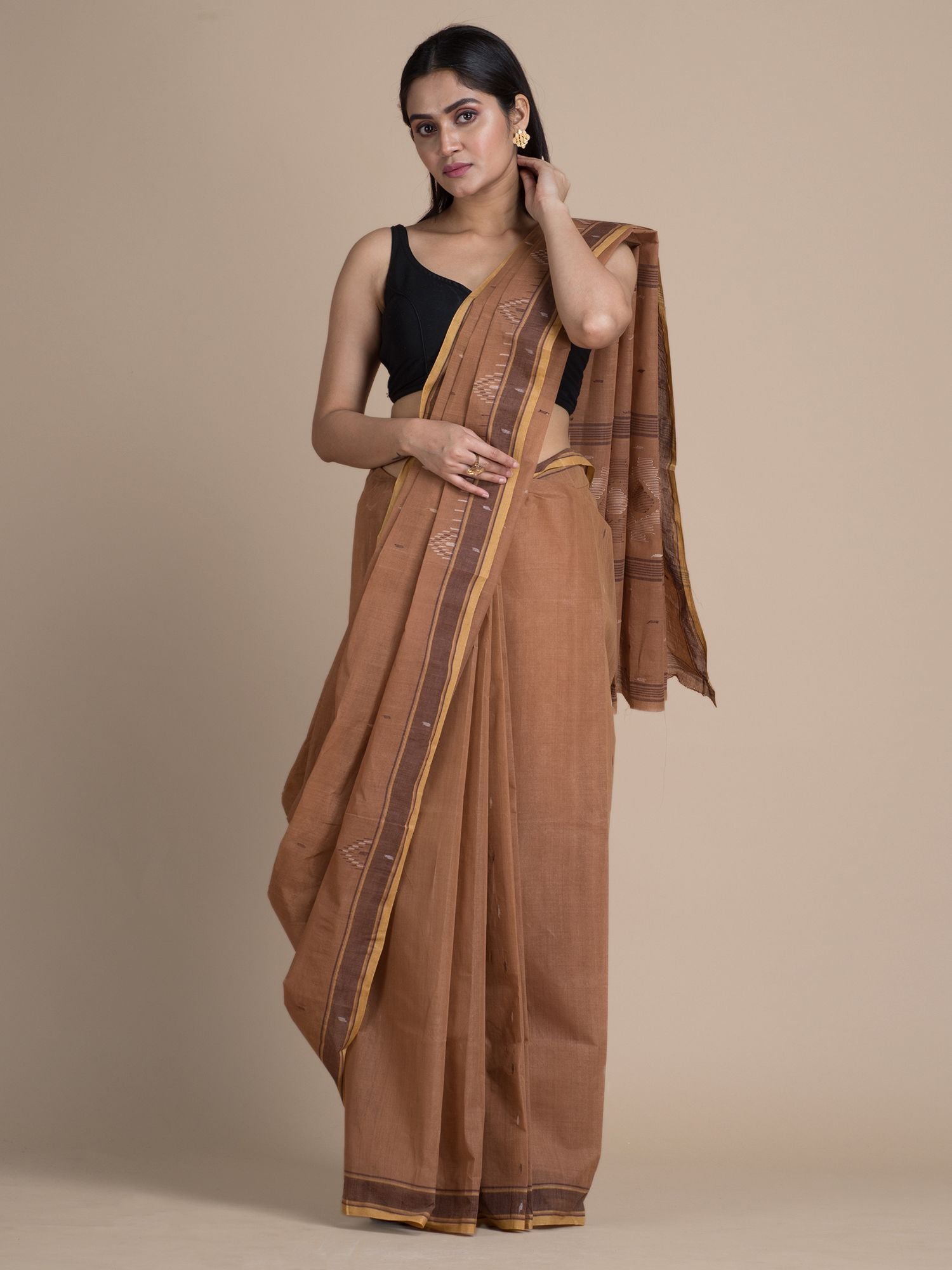 Tawny Brown Pure Cotton Saree With Temple Designs