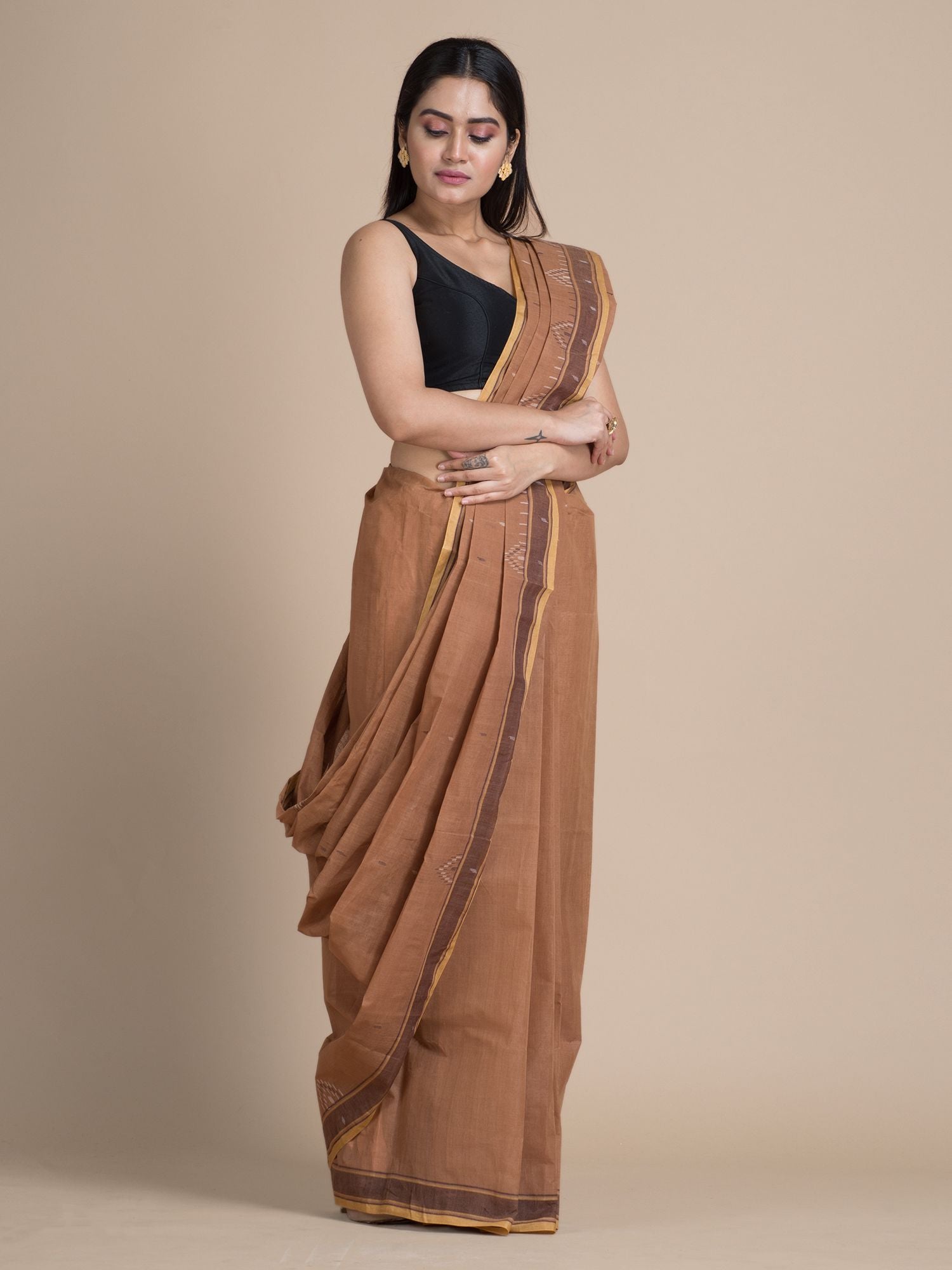 Tawny Brown Pure Cotton Saree With Temple Designs