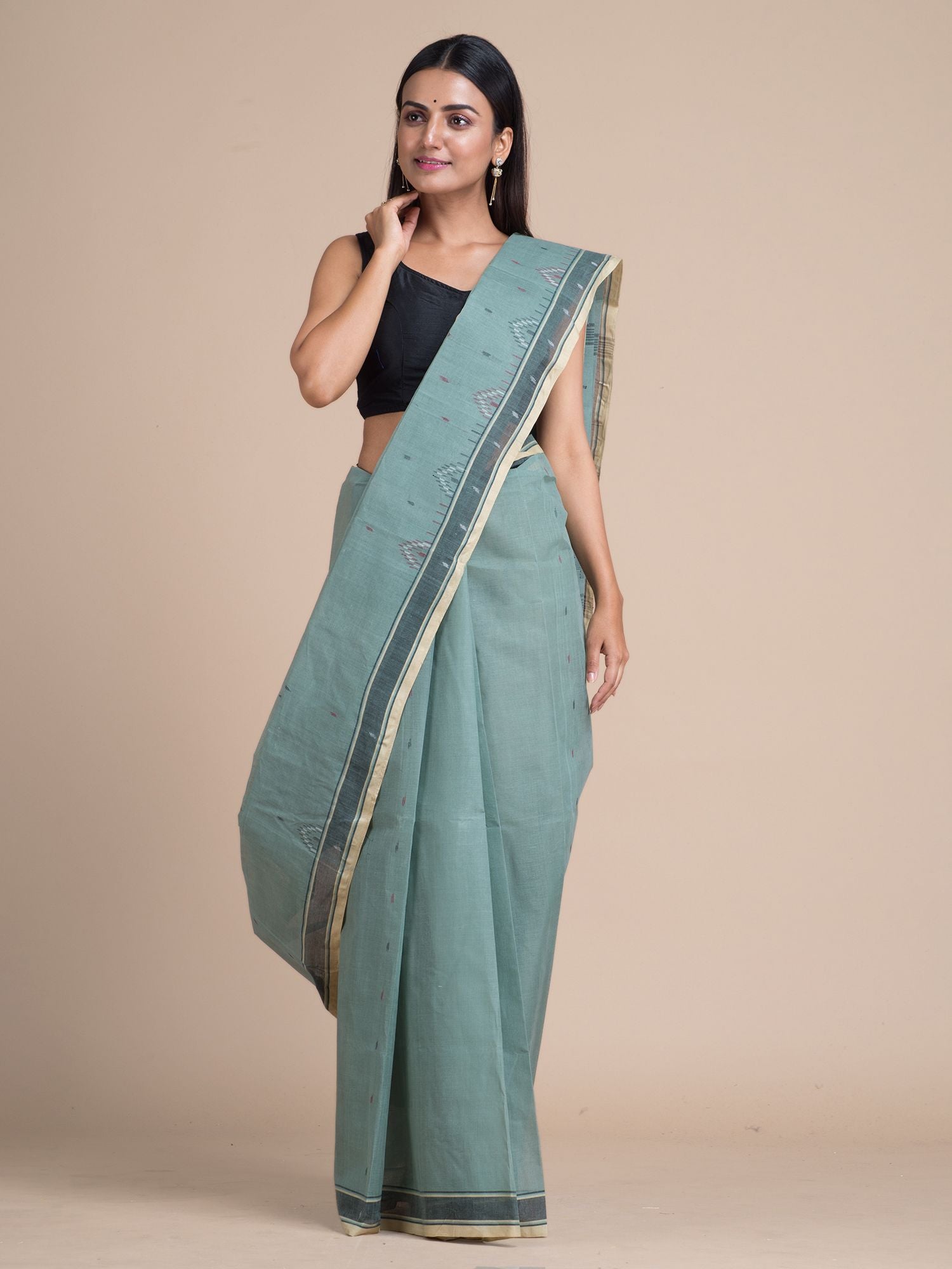 Light Viridian Green Pure Cotton Saree With Temple Designs