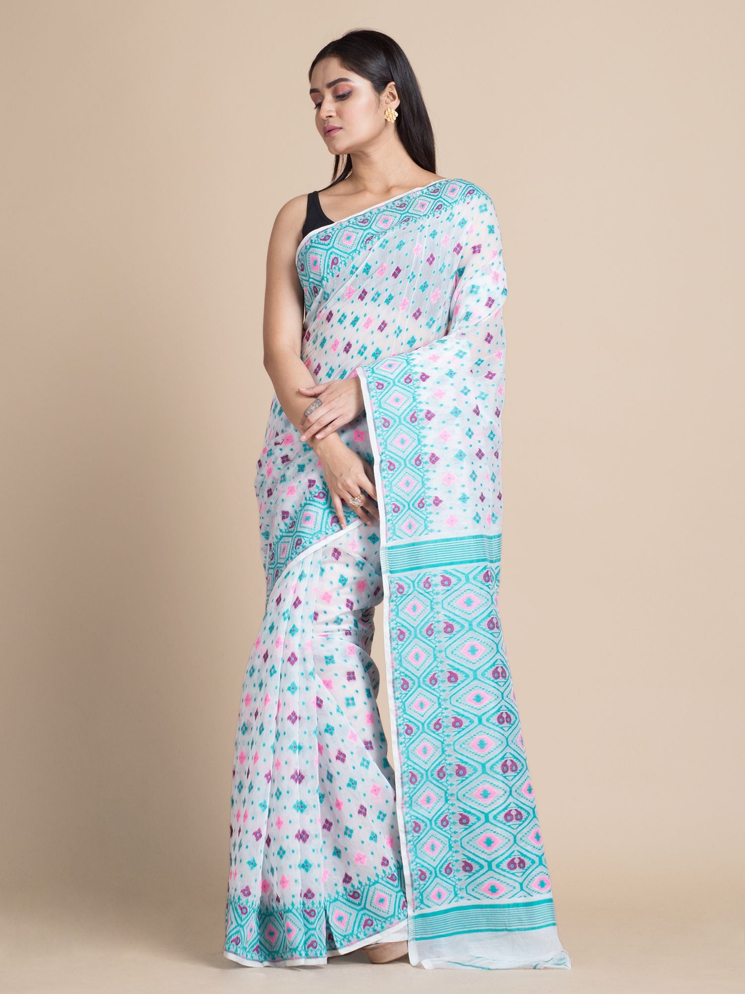 White & Blue Jamdani Saree With Multicolor Woven Designs