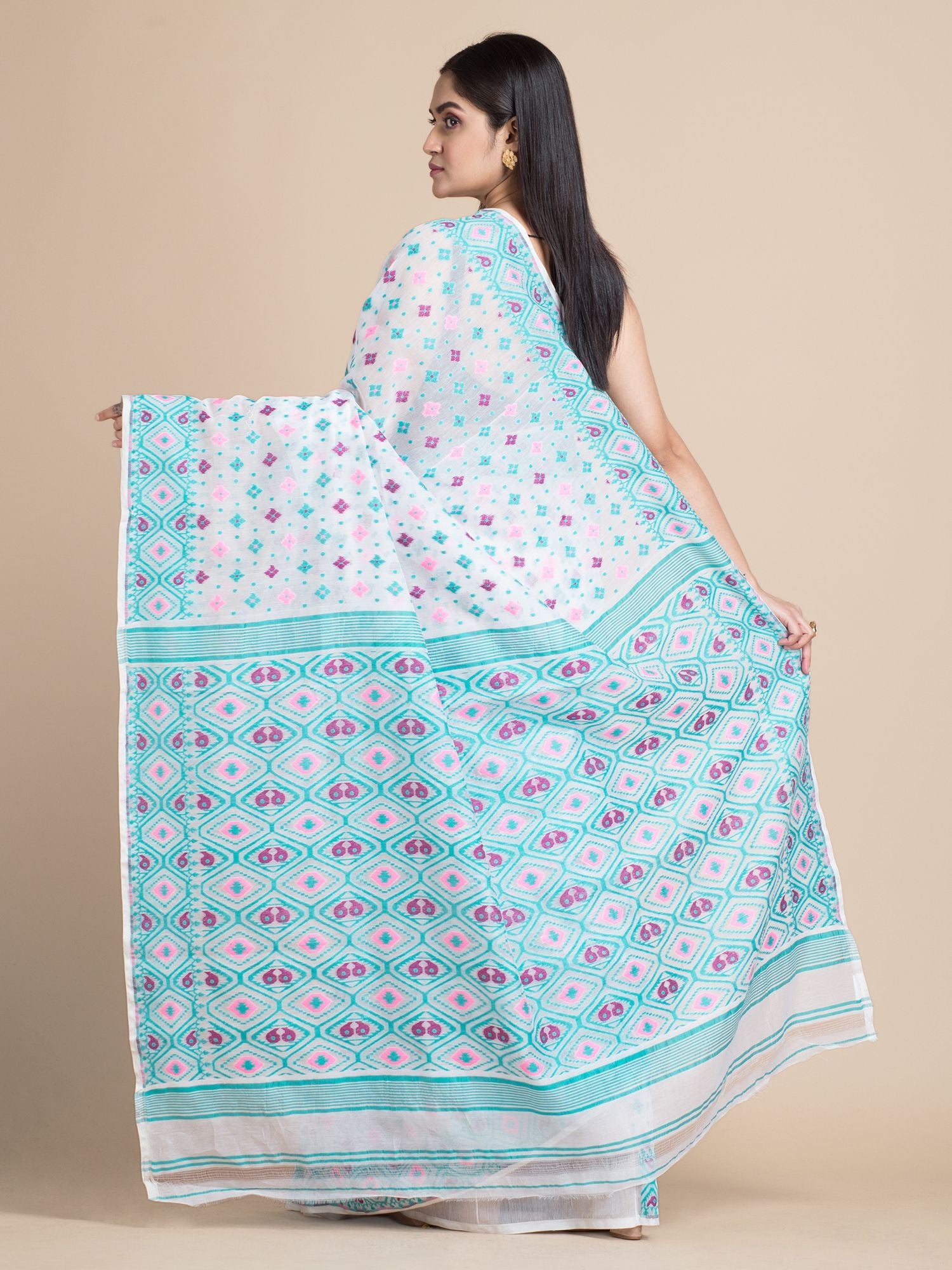 White & Blue Jamdani Saree With Multicolor Woven Designs