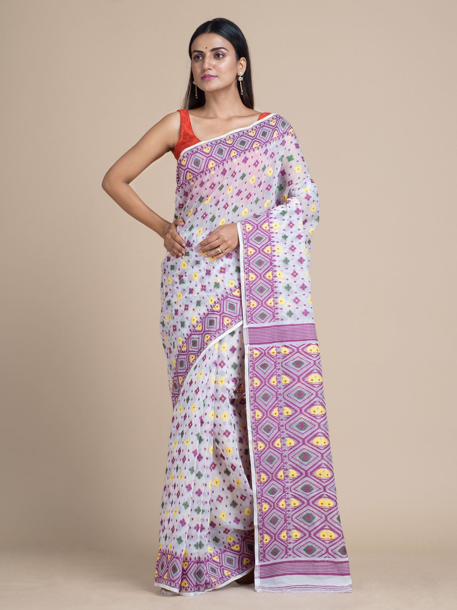 White & Aubergine Jamdani Saree With Multicolor Woven Designs