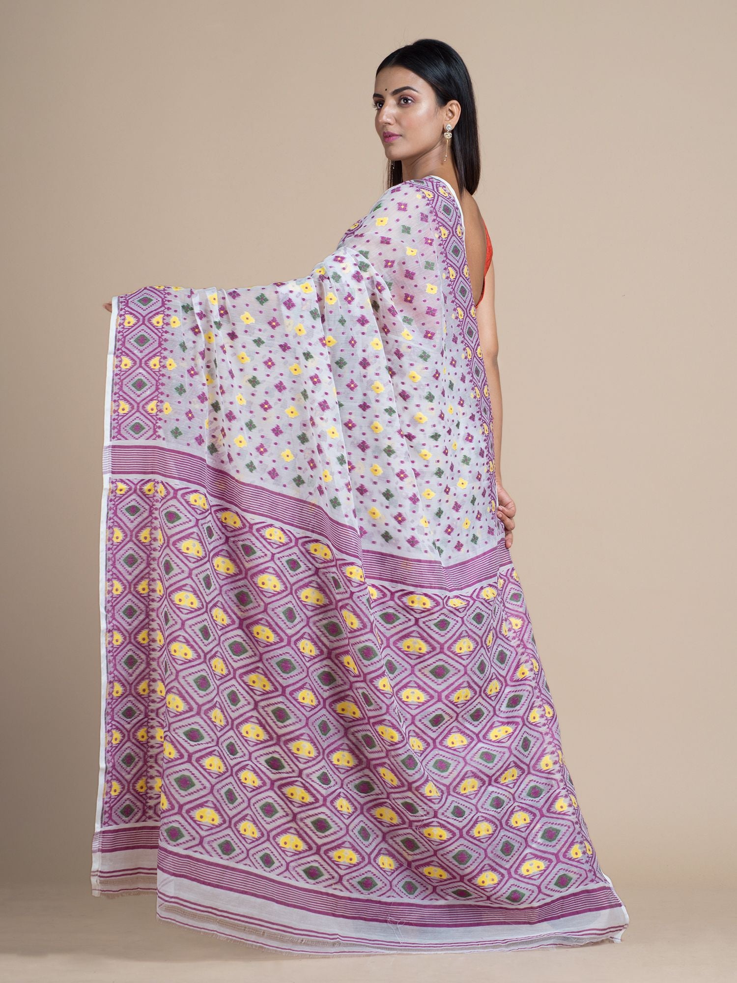 White & Aubergine Jamdani Saree With Multicolor Woven Designs