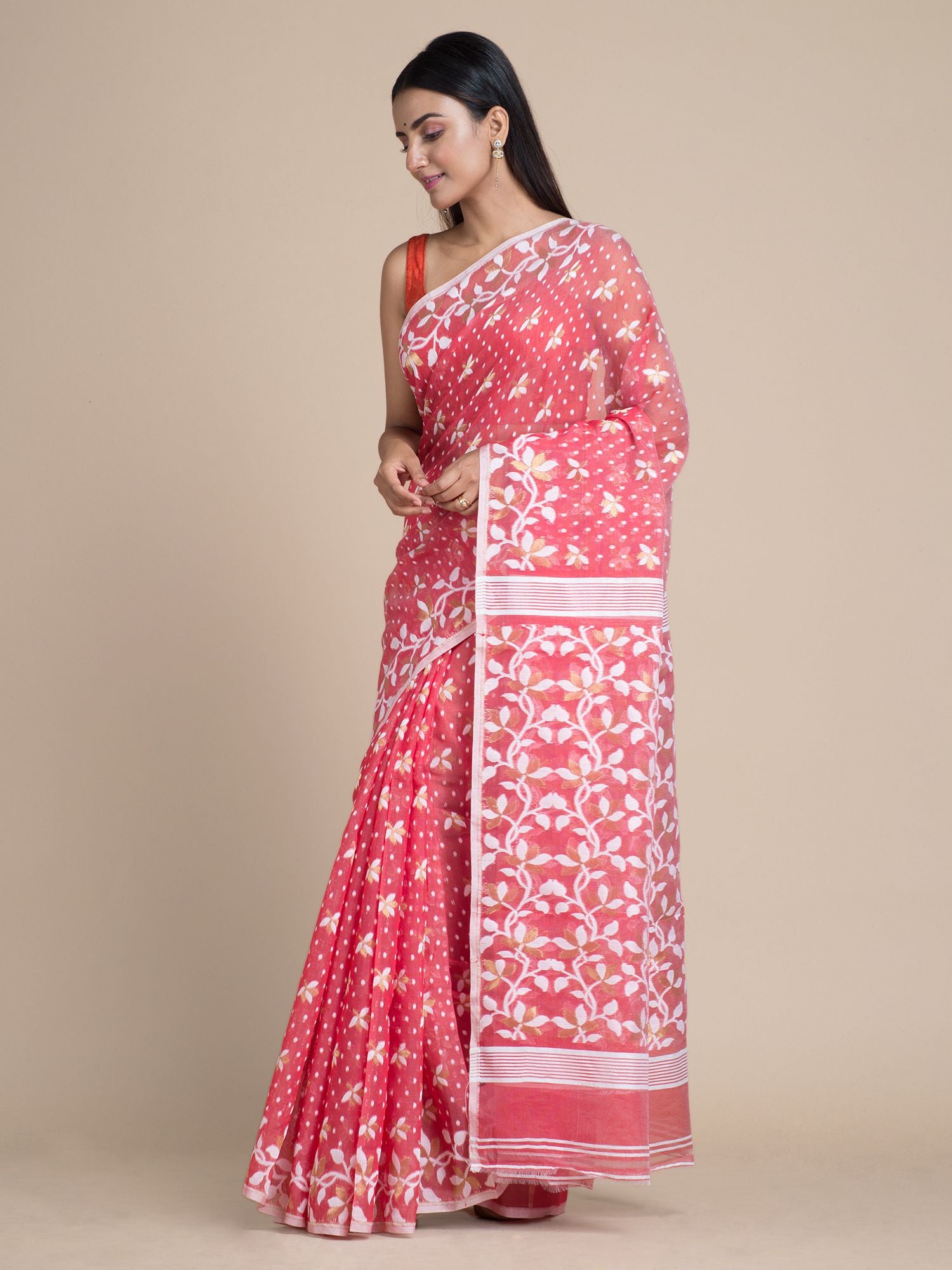 Punch Pink & White Jamdani Saree With Woven Designs