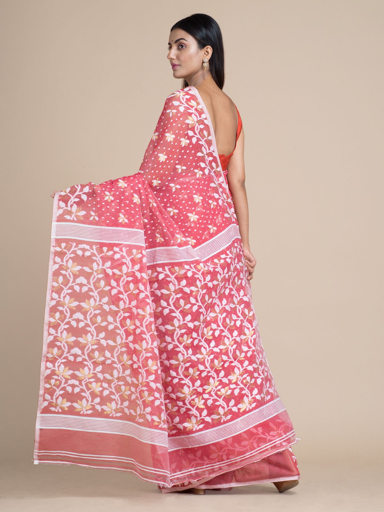 Punch Pink & White Jamdani Saree With Woven Designs