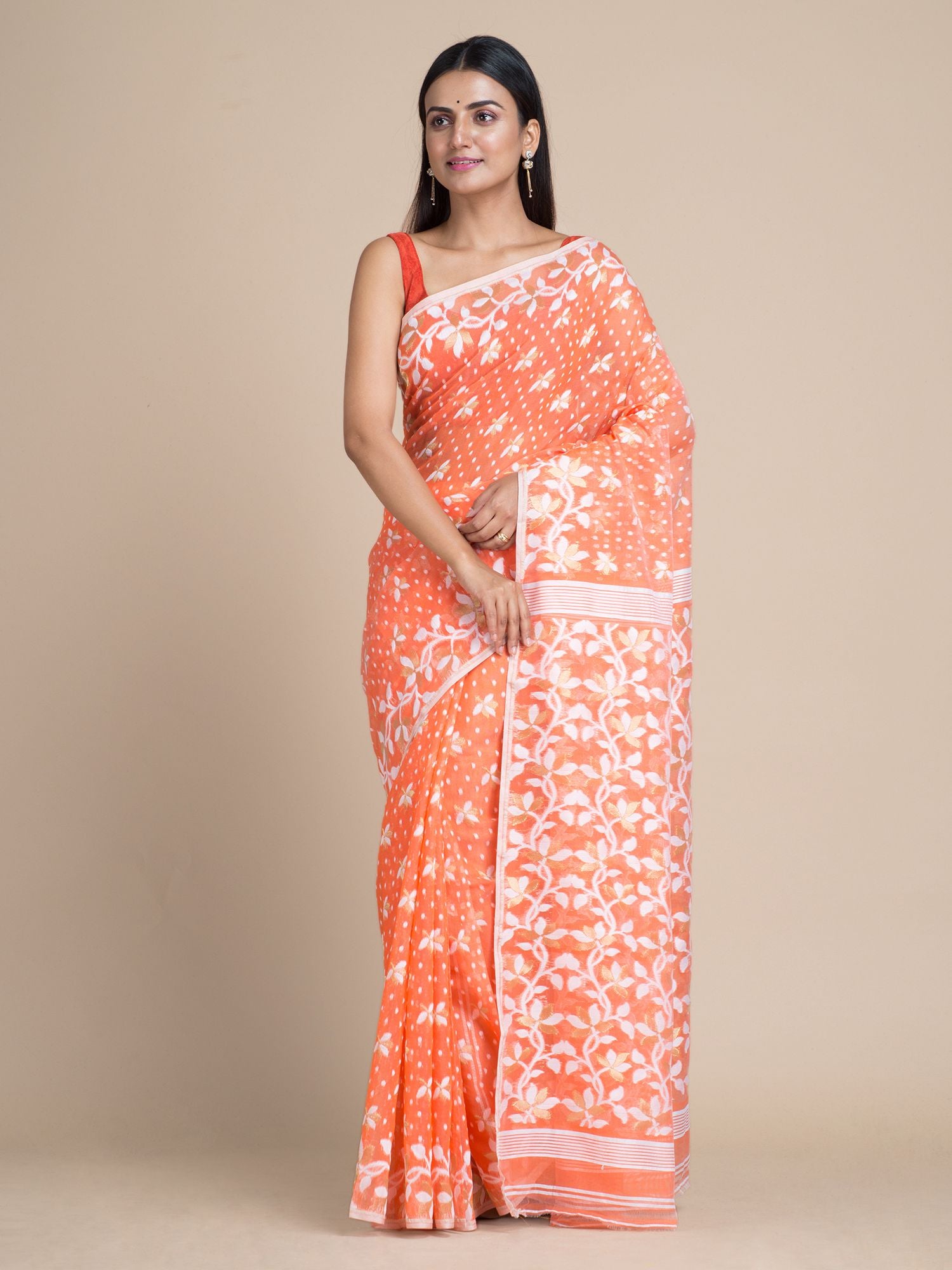 Light Orange & White Jamdani Saree With Woven Designs