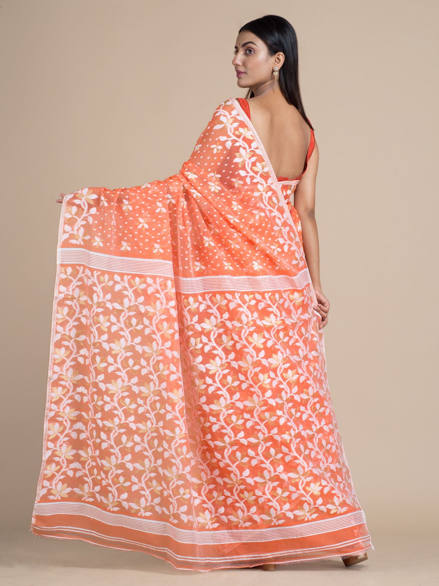 Light Orange & White Jamdani Saree With Woven Designs