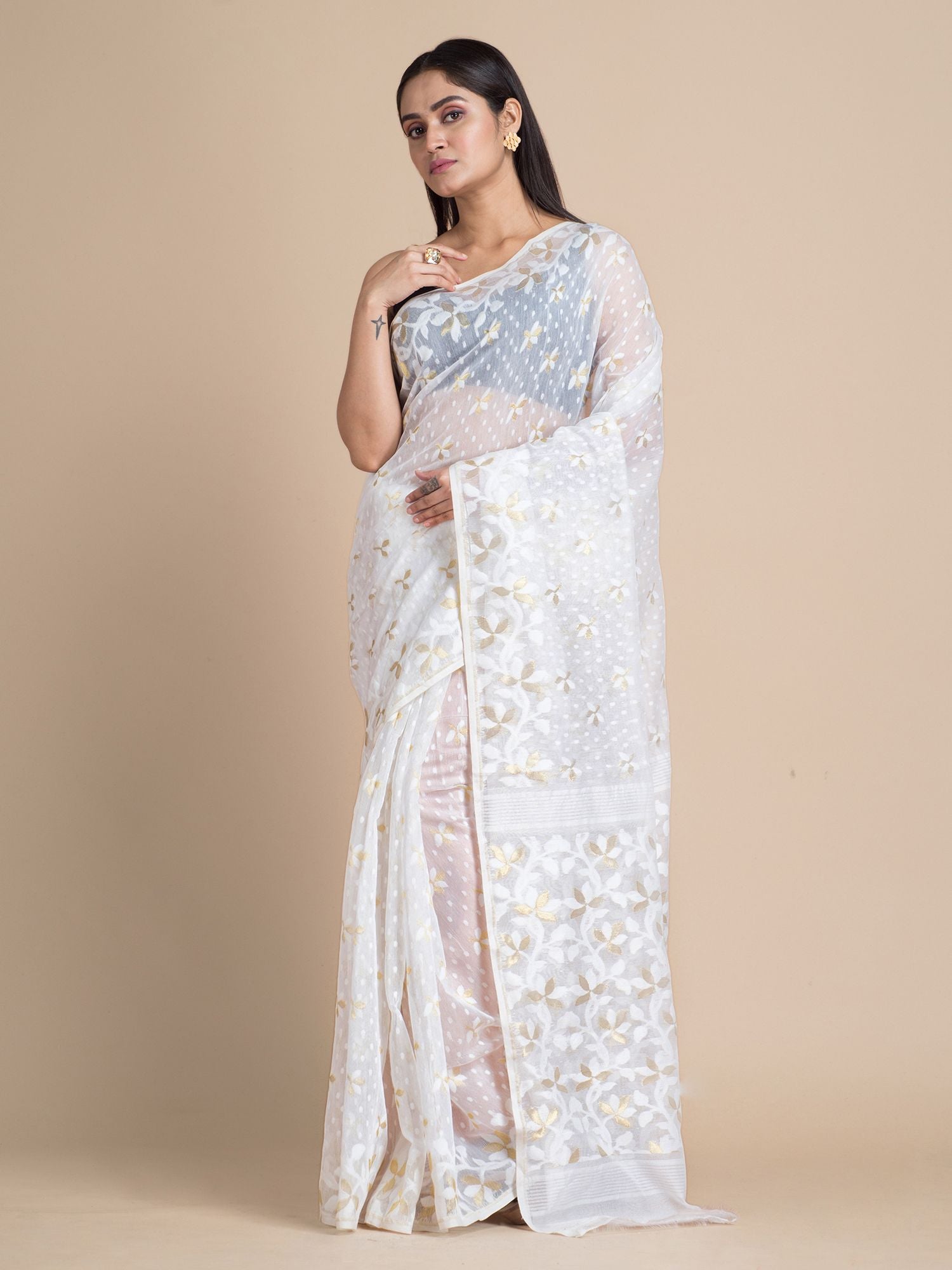 White Jamdani Saree With Floral Woven Designs