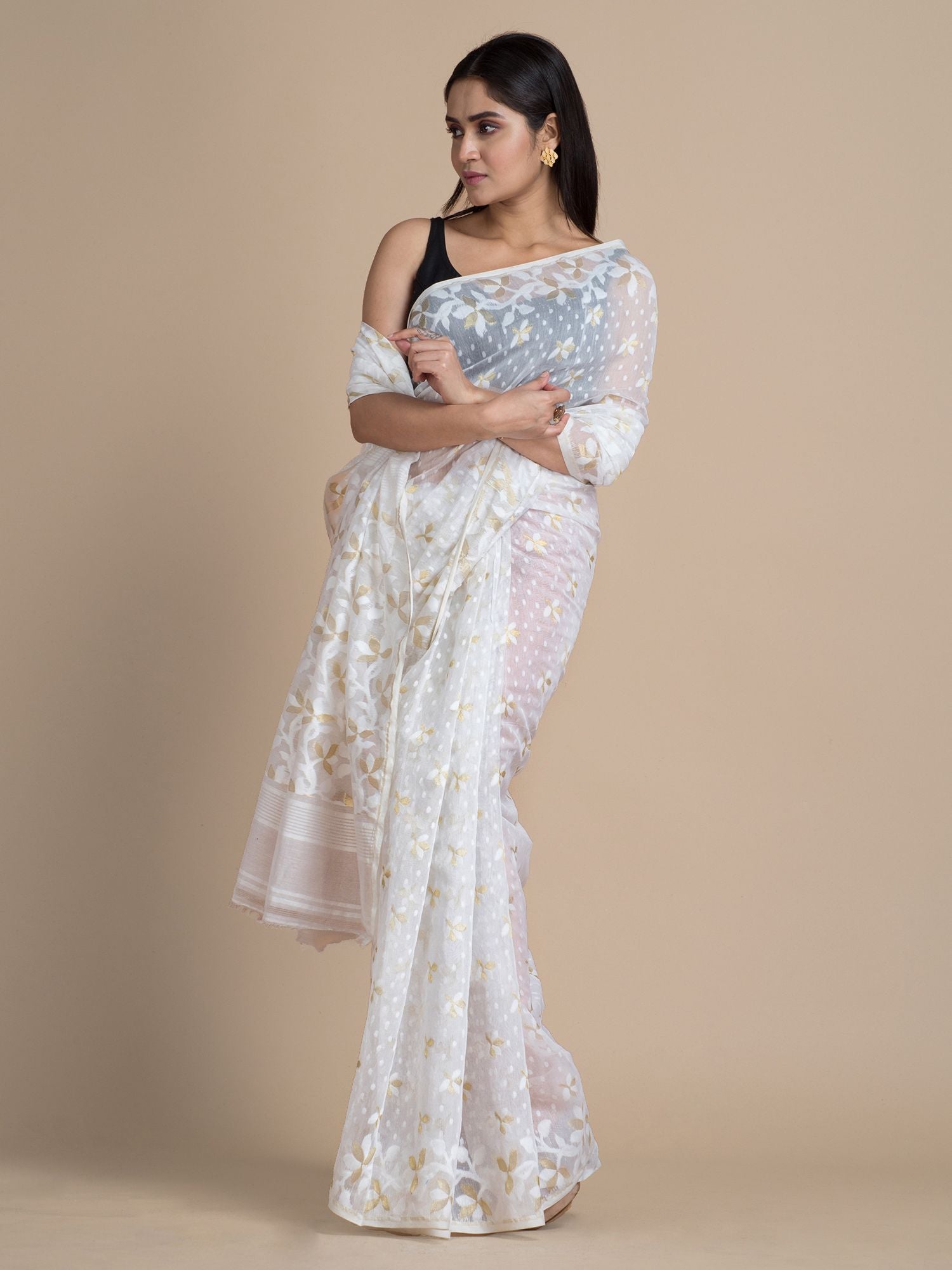 White Jamdani Saree With Floral Woven Designs