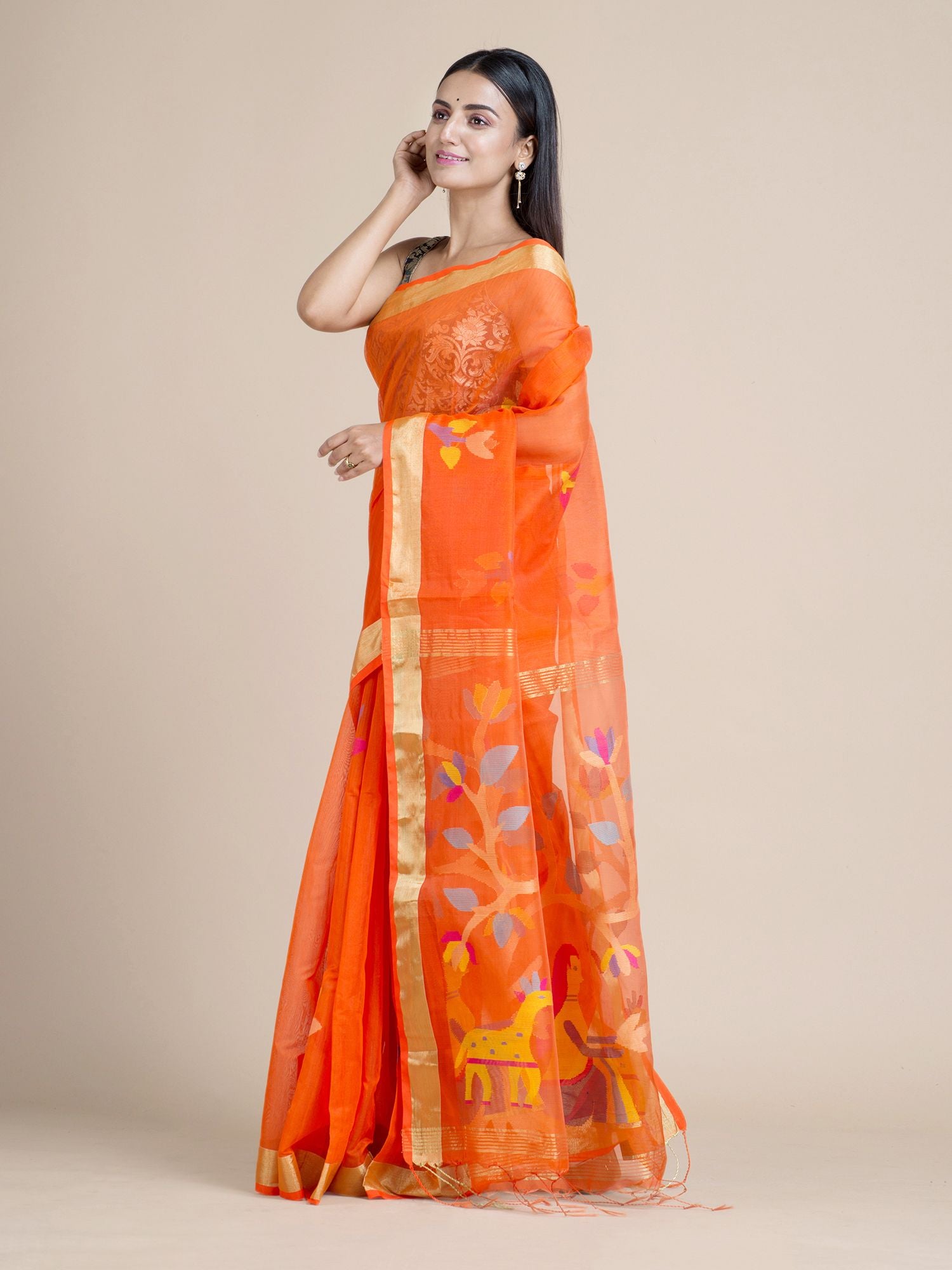 Tiger Orange Blended Cotton Saree With Woven Scenery Pallu