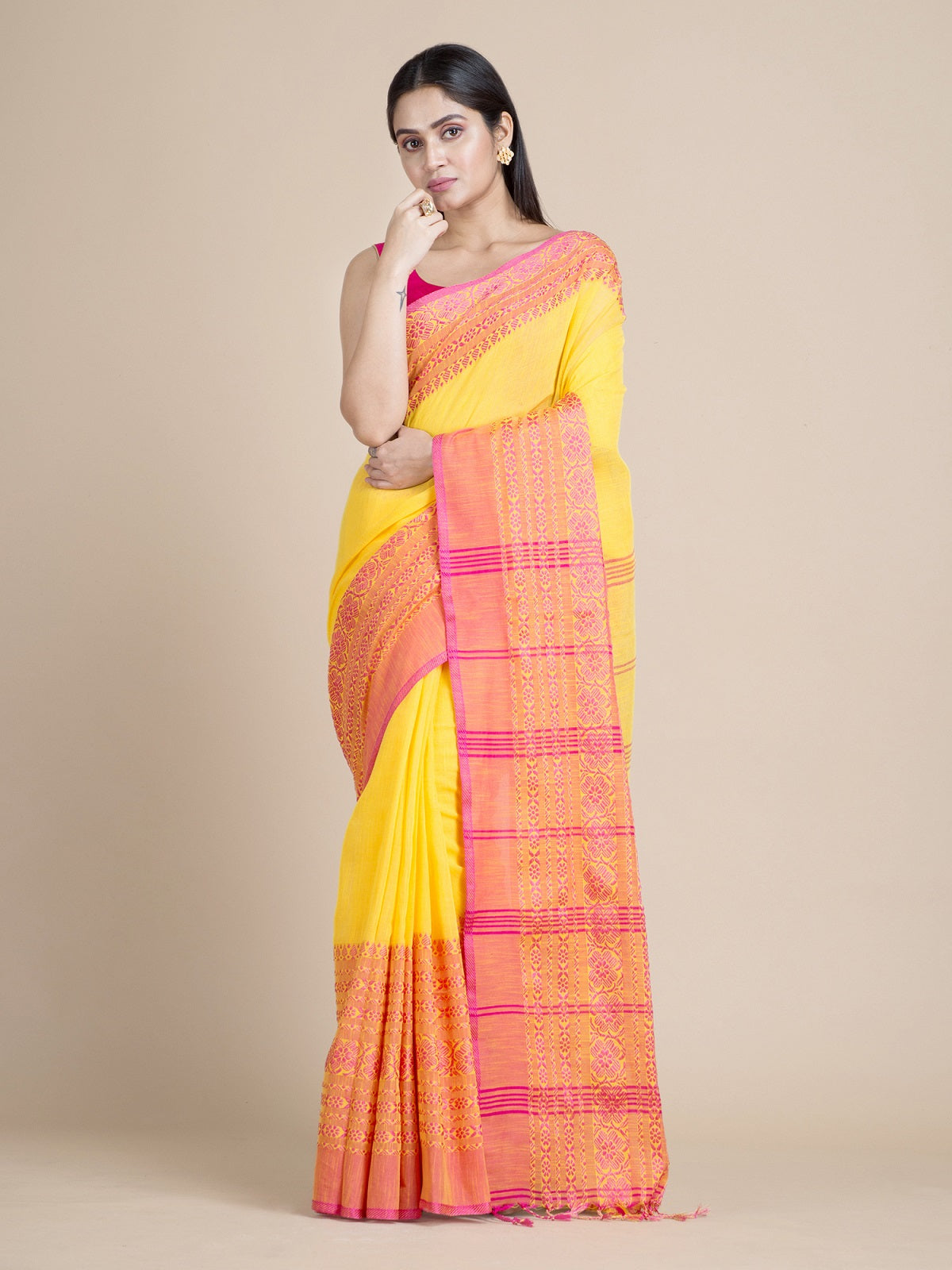 Yellow & Fuchsia Pure Cotton Saree With Woven Designs