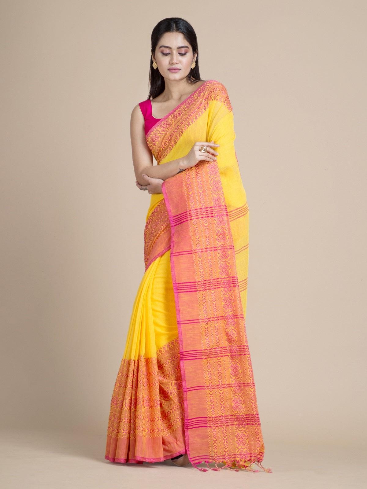 Yellow & Fuchsia Pure Cotton Saree With Woven Designs