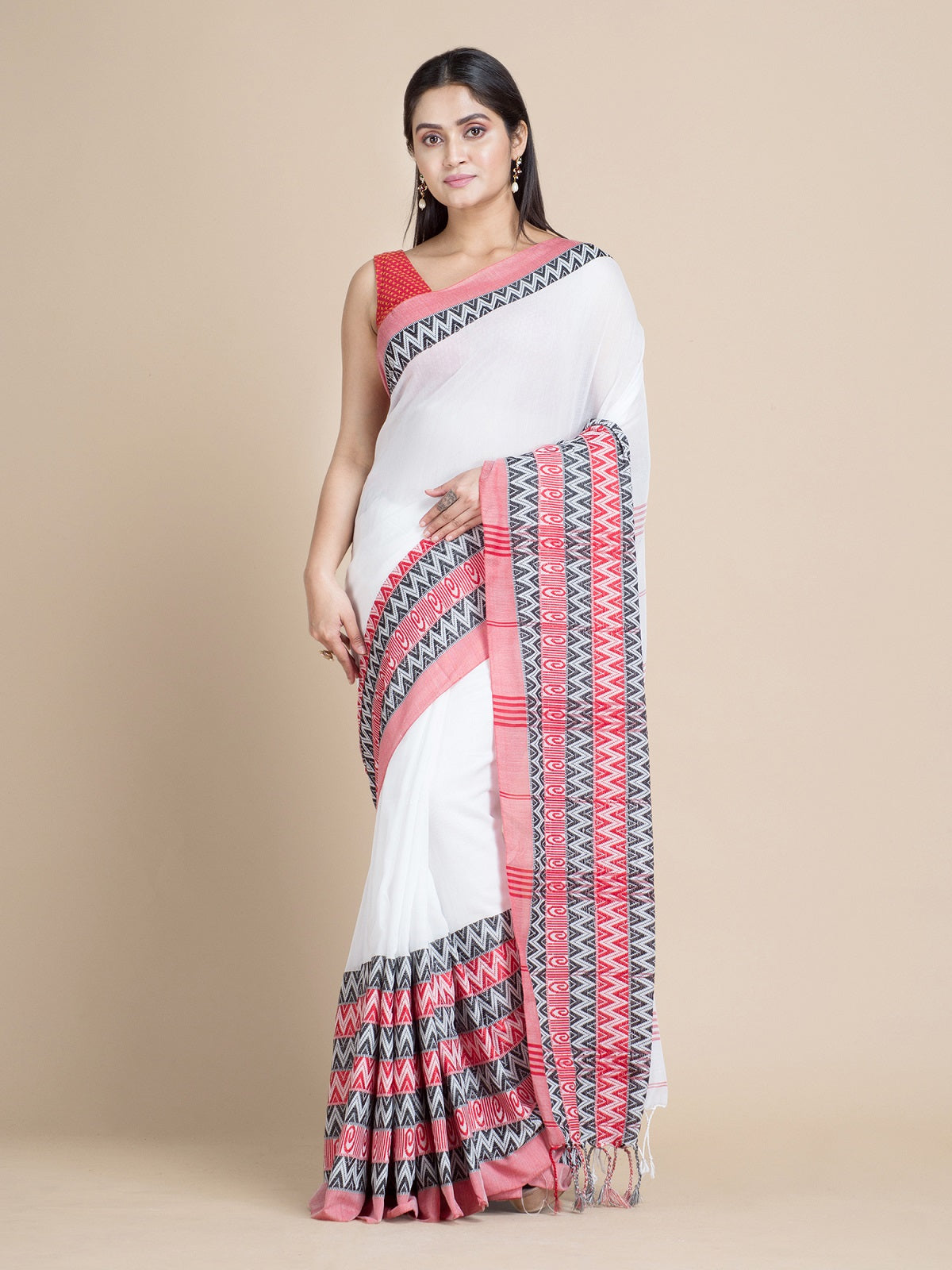 White Pure Cotton Saree With Woven Designs