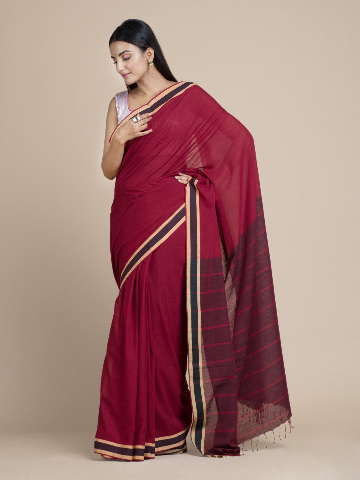 Maroon Pure Cotton Saree With Striped Designs