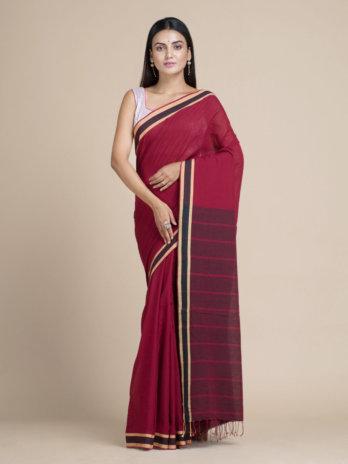 Maroon Pure Cotton Saree With Striped Designs