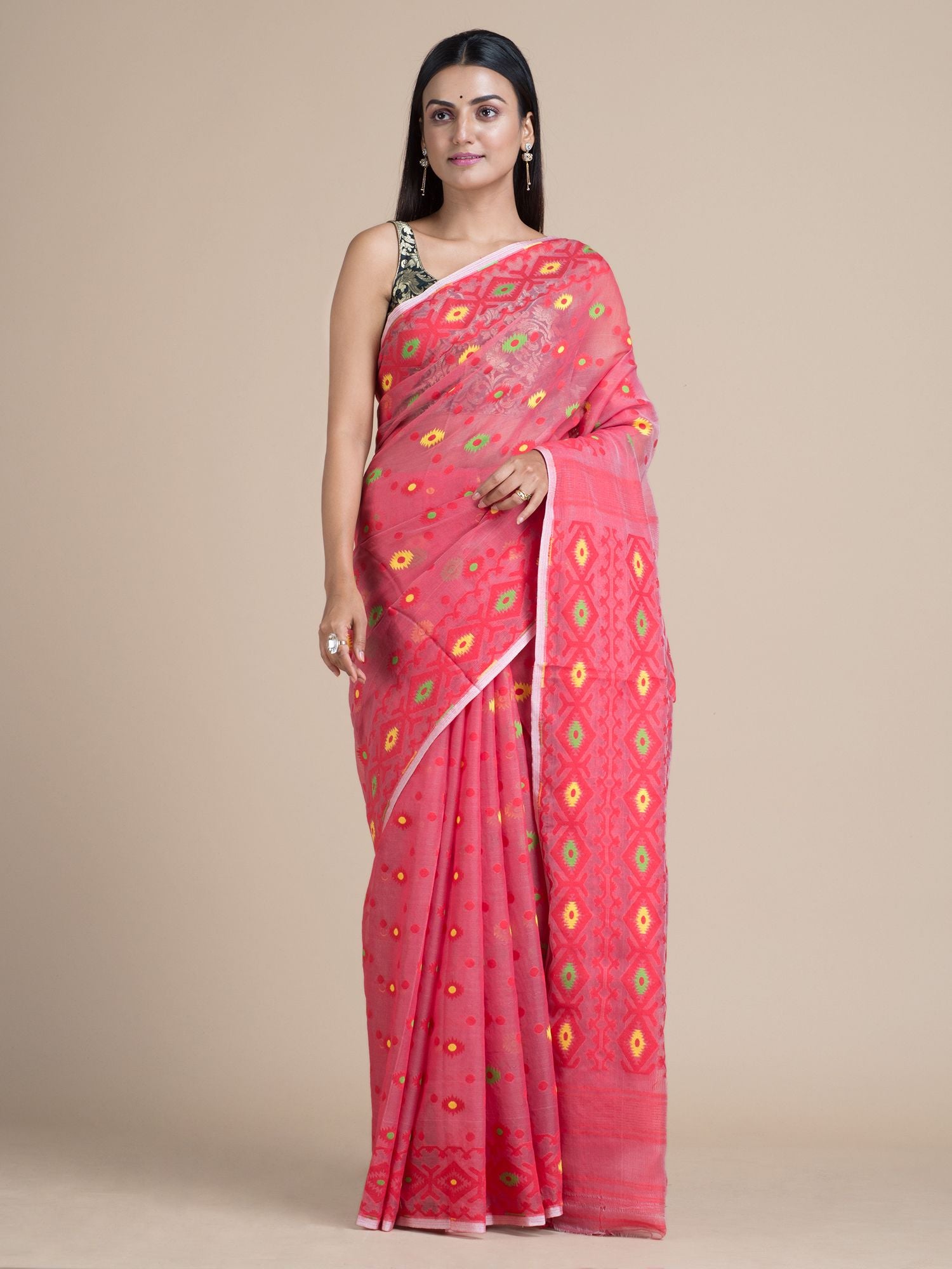 Blush Red Jamdani Saree With Woven Designs