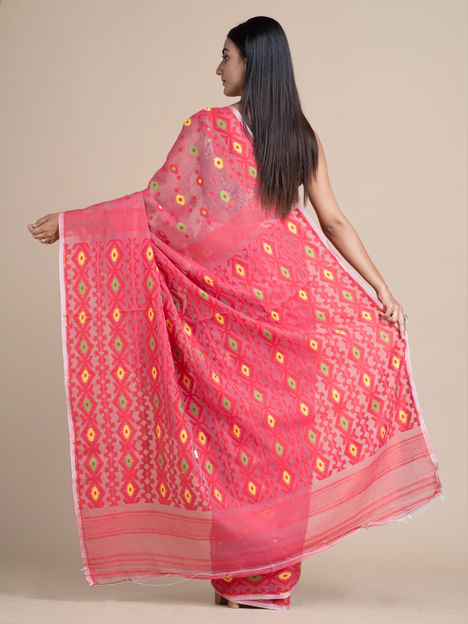 Blush Red Jamdani Saree With Woven Designs