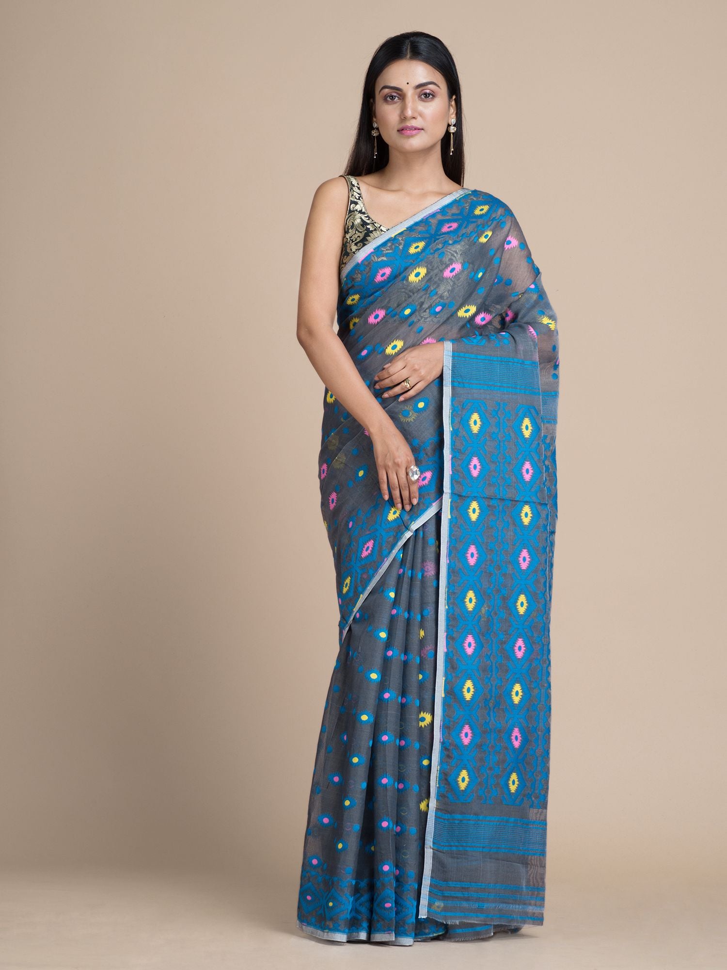 Lead Grey Jamdani Saree With Woven Designs