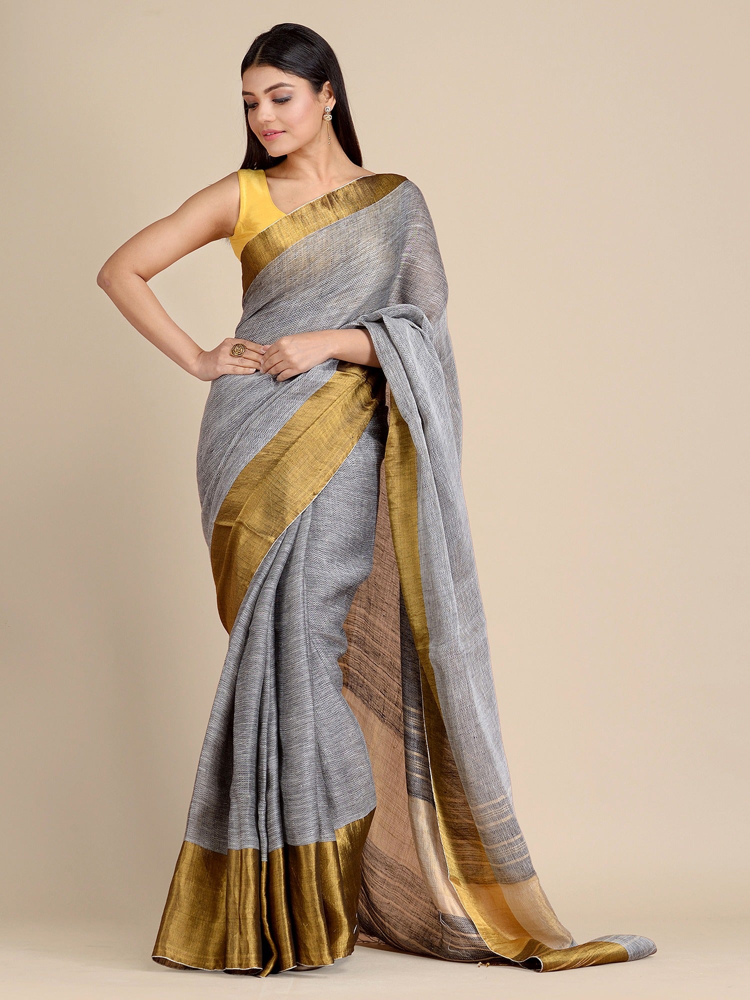 Grey Pure Linen Saree with Tested Zari