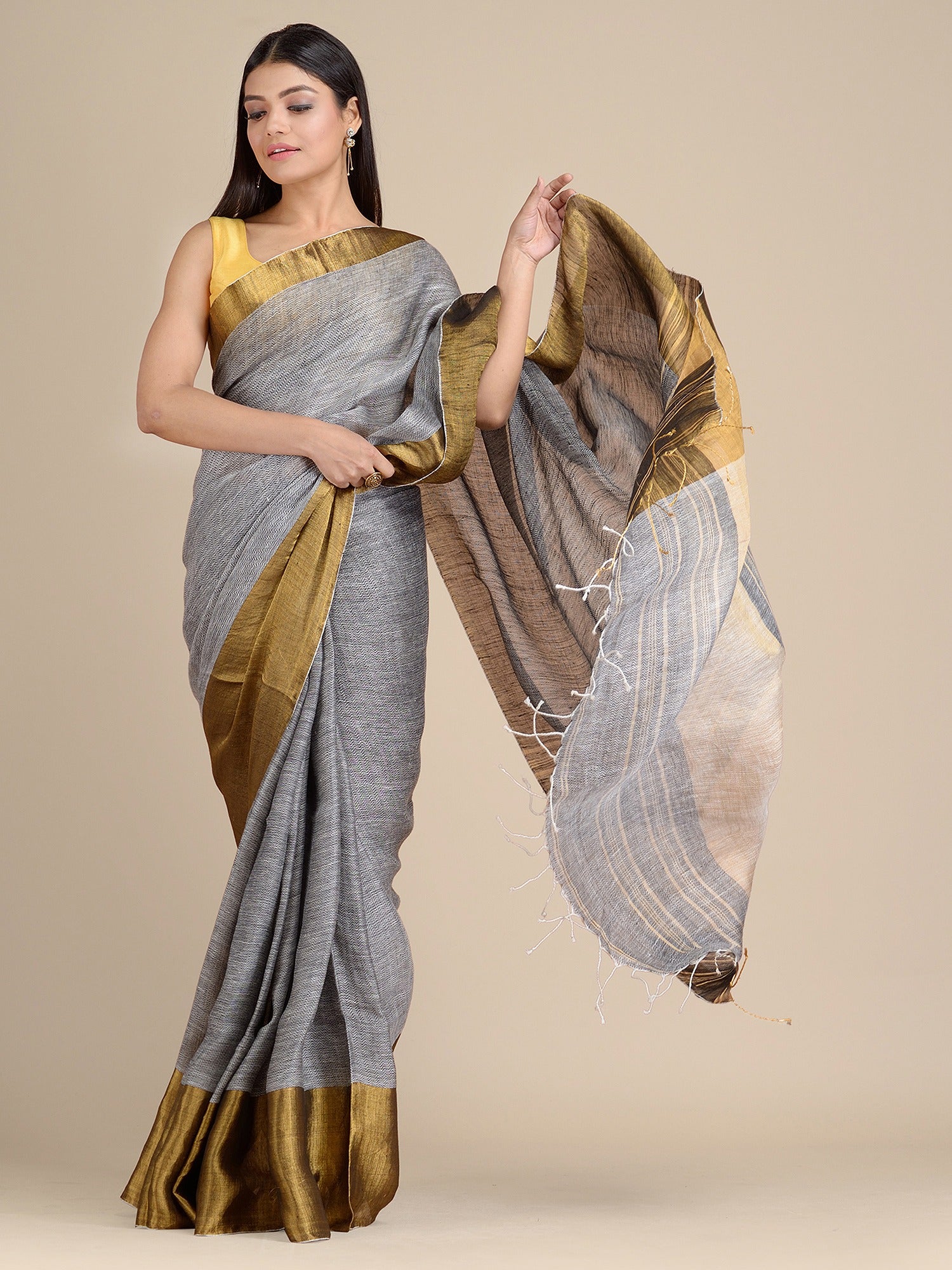 Grey Pure Linen Saree with Tested Zari