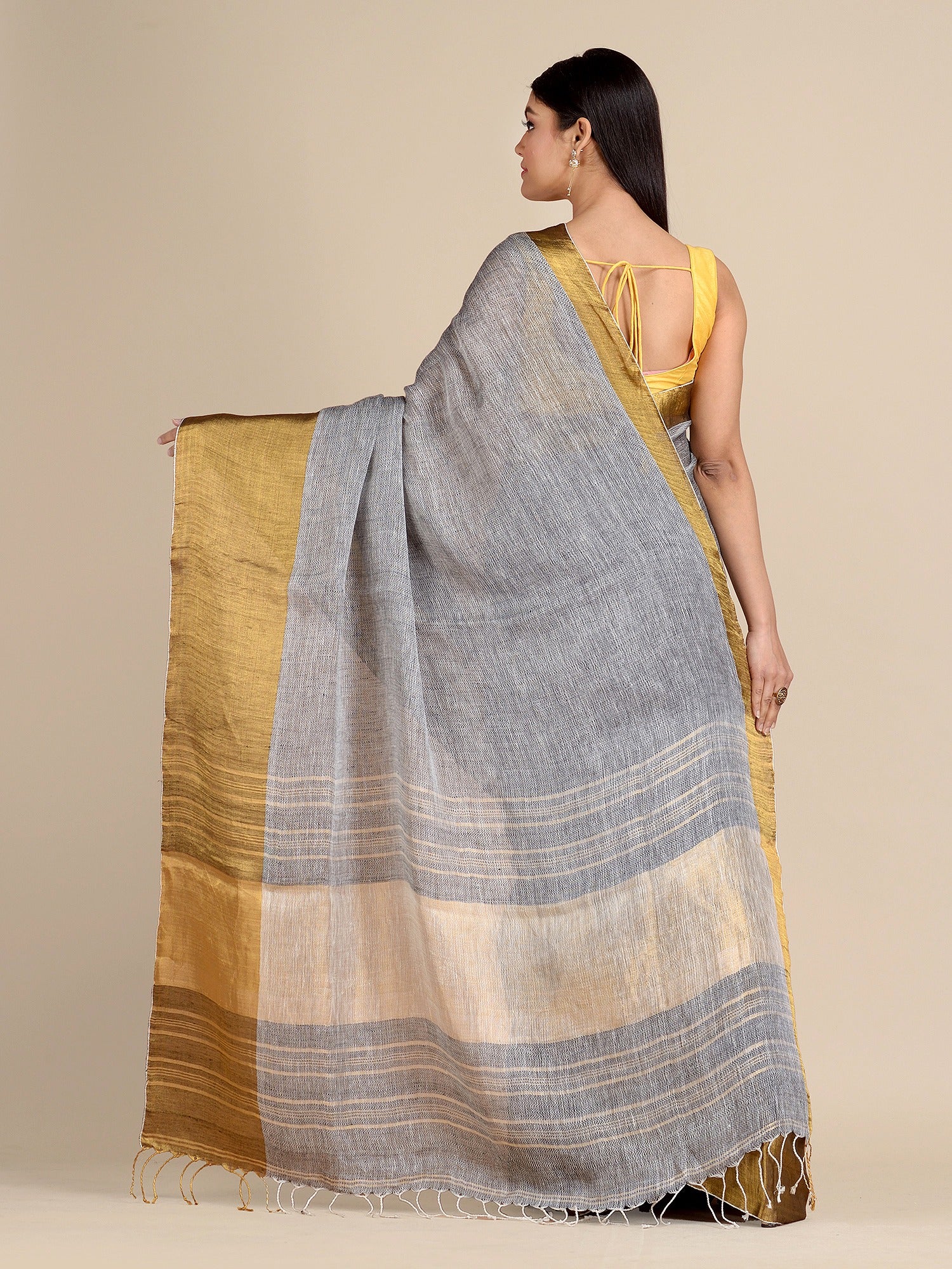 Grey Pure Linen Saree with Tested Zari