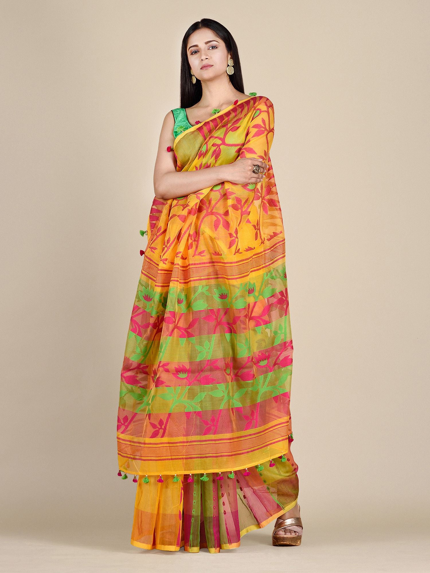 Canary Yellow Jamdani Saree With Floral Designs