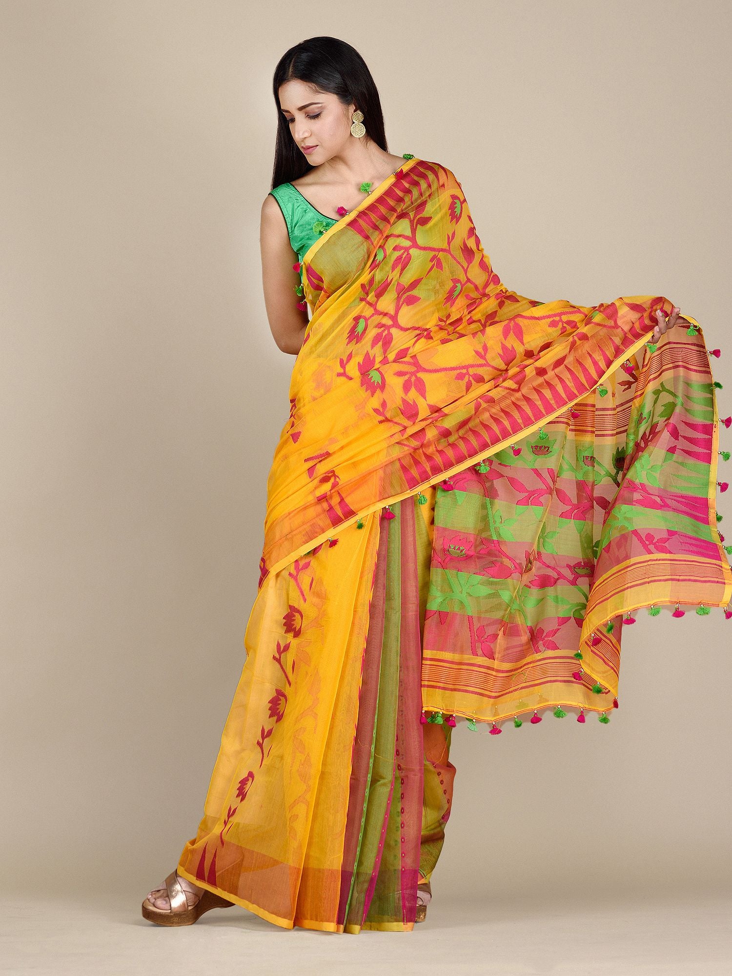 Canary Yellow Jamdani Saree With Floral Designs