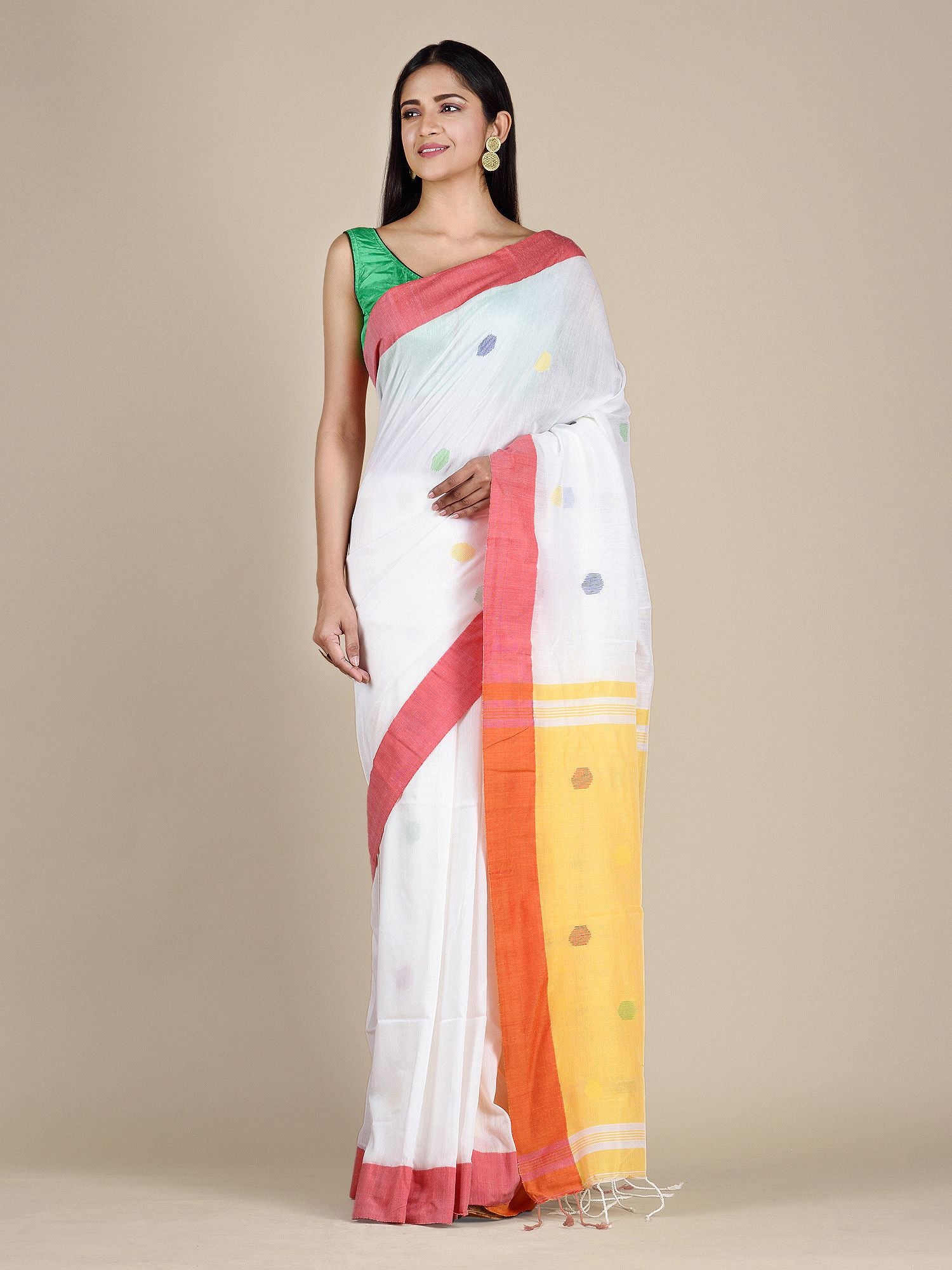 White Pure Cotton Saree With Woven Buttas