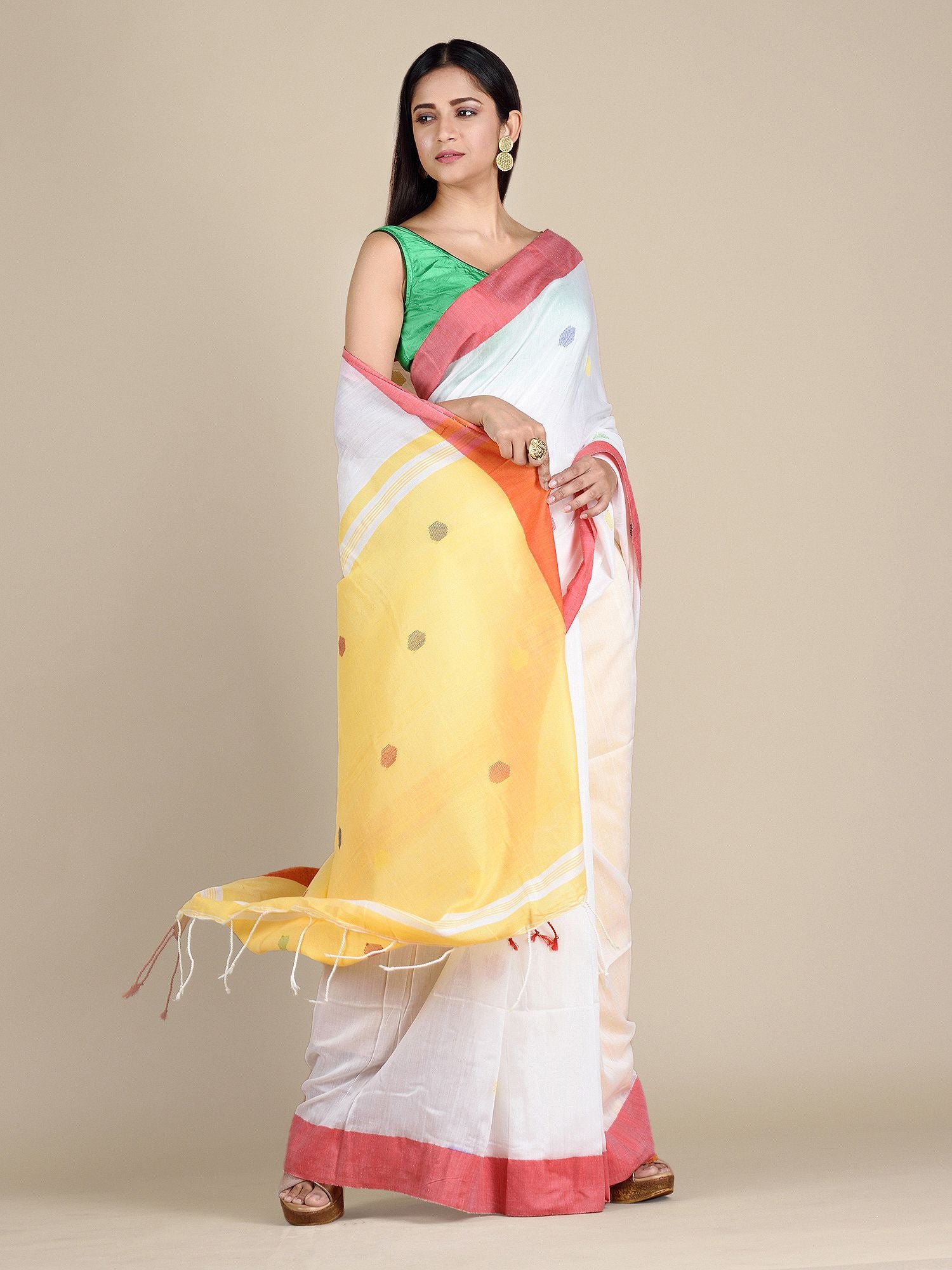 White Pure Cotton Saree With Woven Buttas