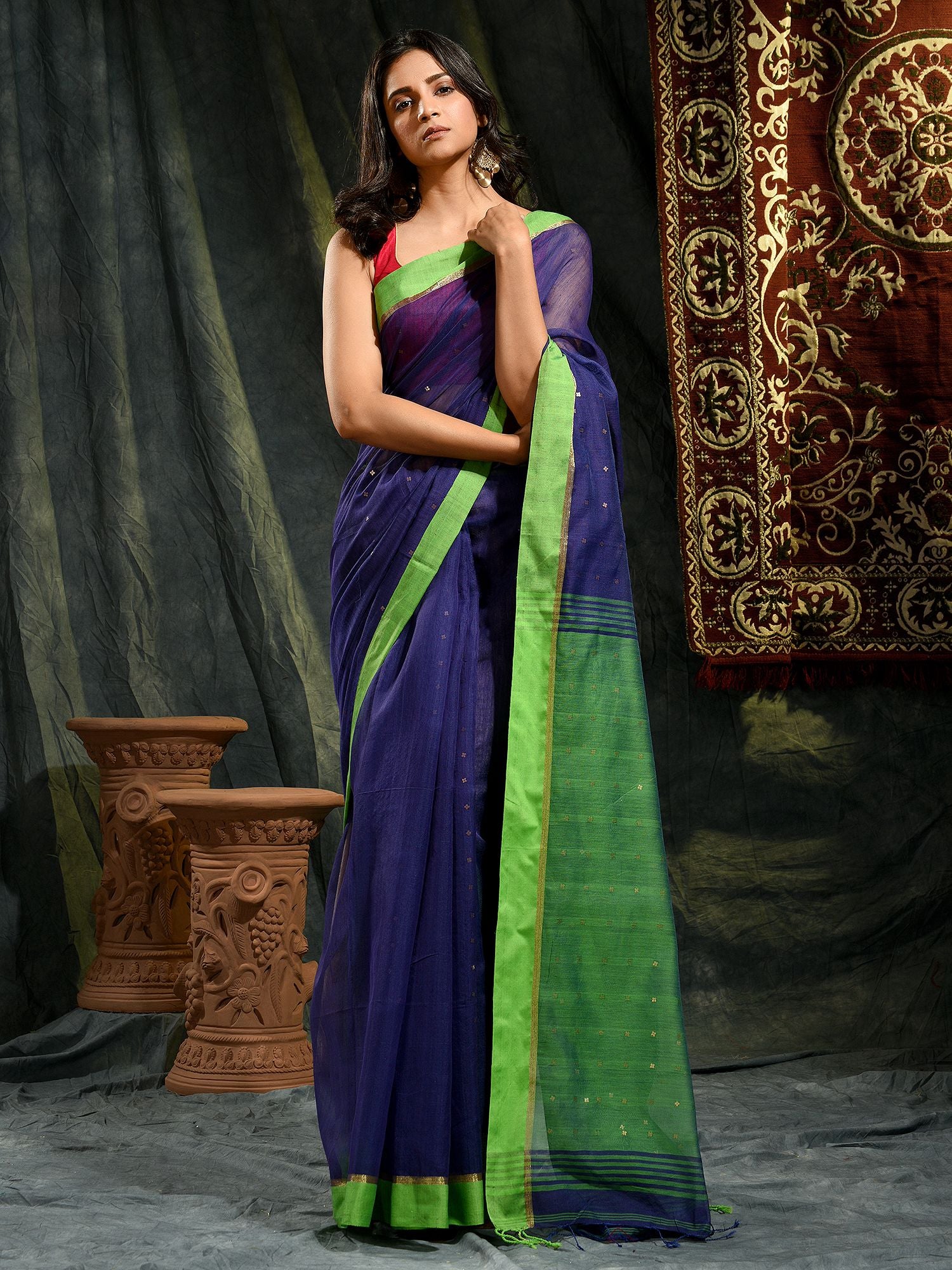 Lapis Blue Blended Cotton Saree With Green Pallu