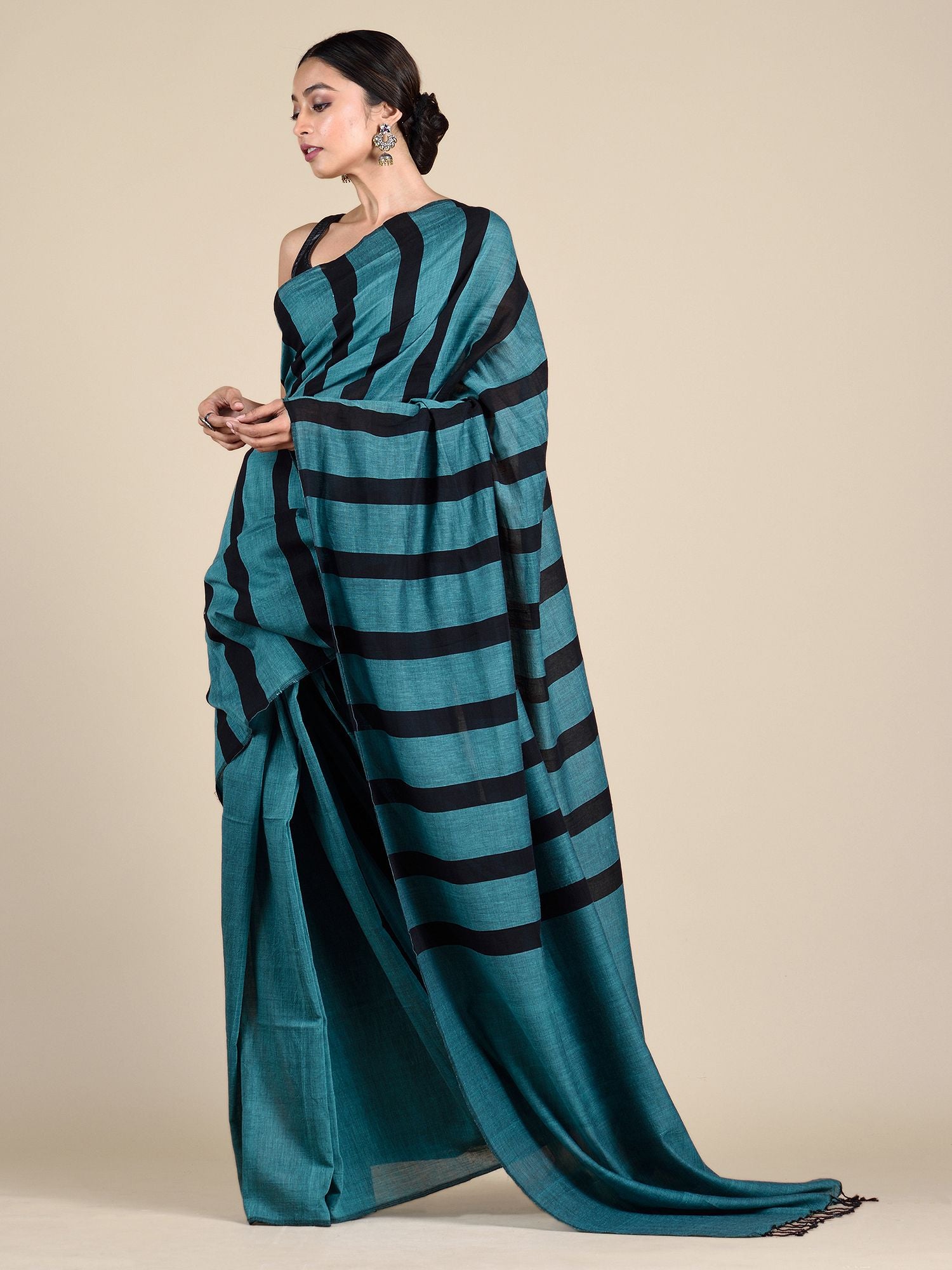 Deep Cerulean Blue Pure Cotton Saree With Stripes