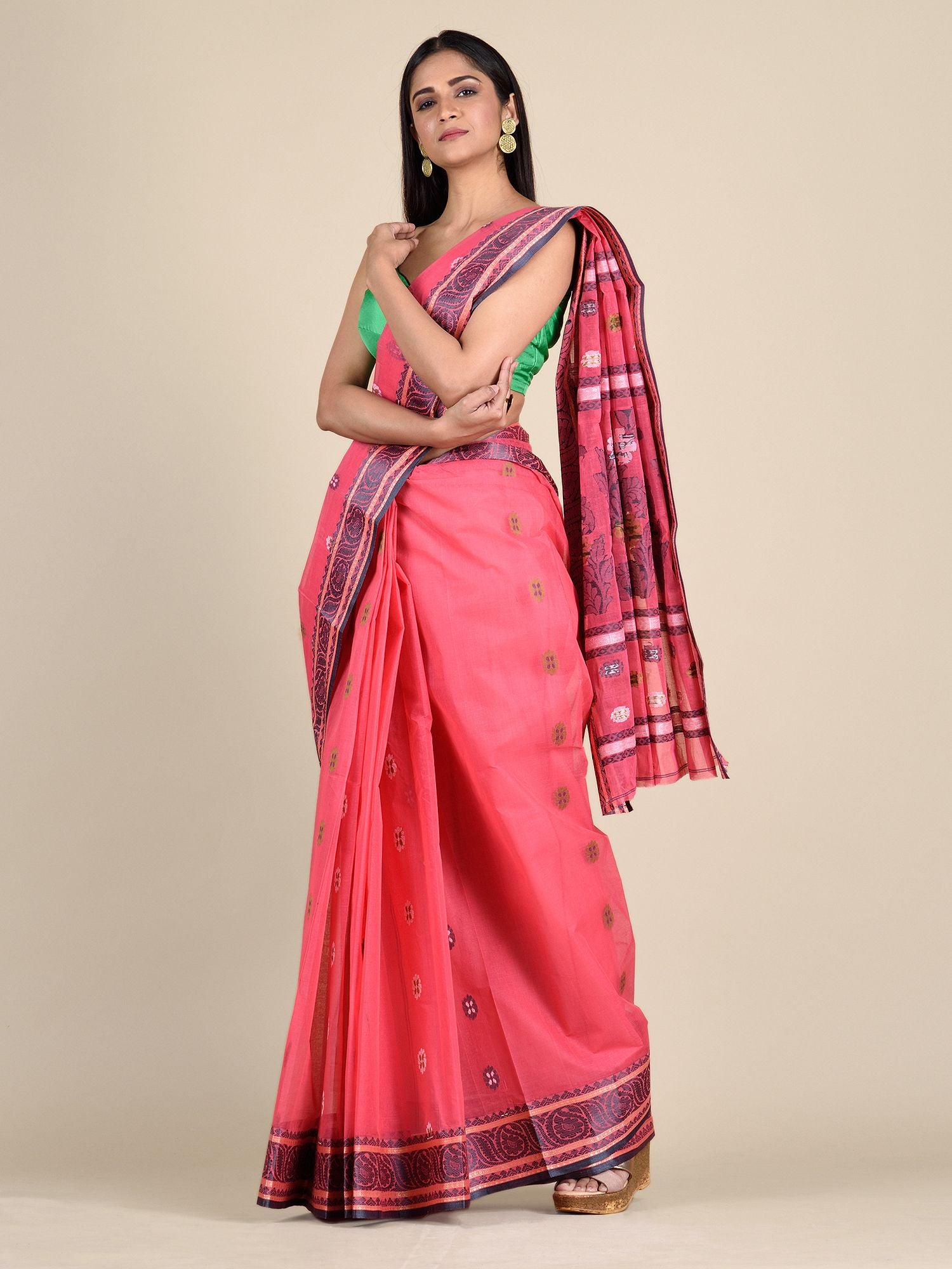 Punch Pink Cotton Saree With Paisley Borders