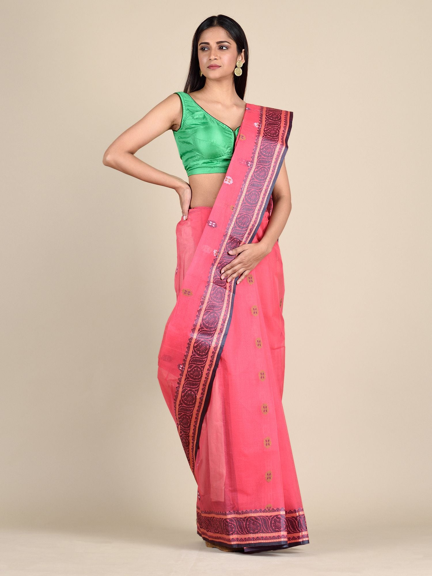 Punch Pink Cotton Saree With Paisley Borders