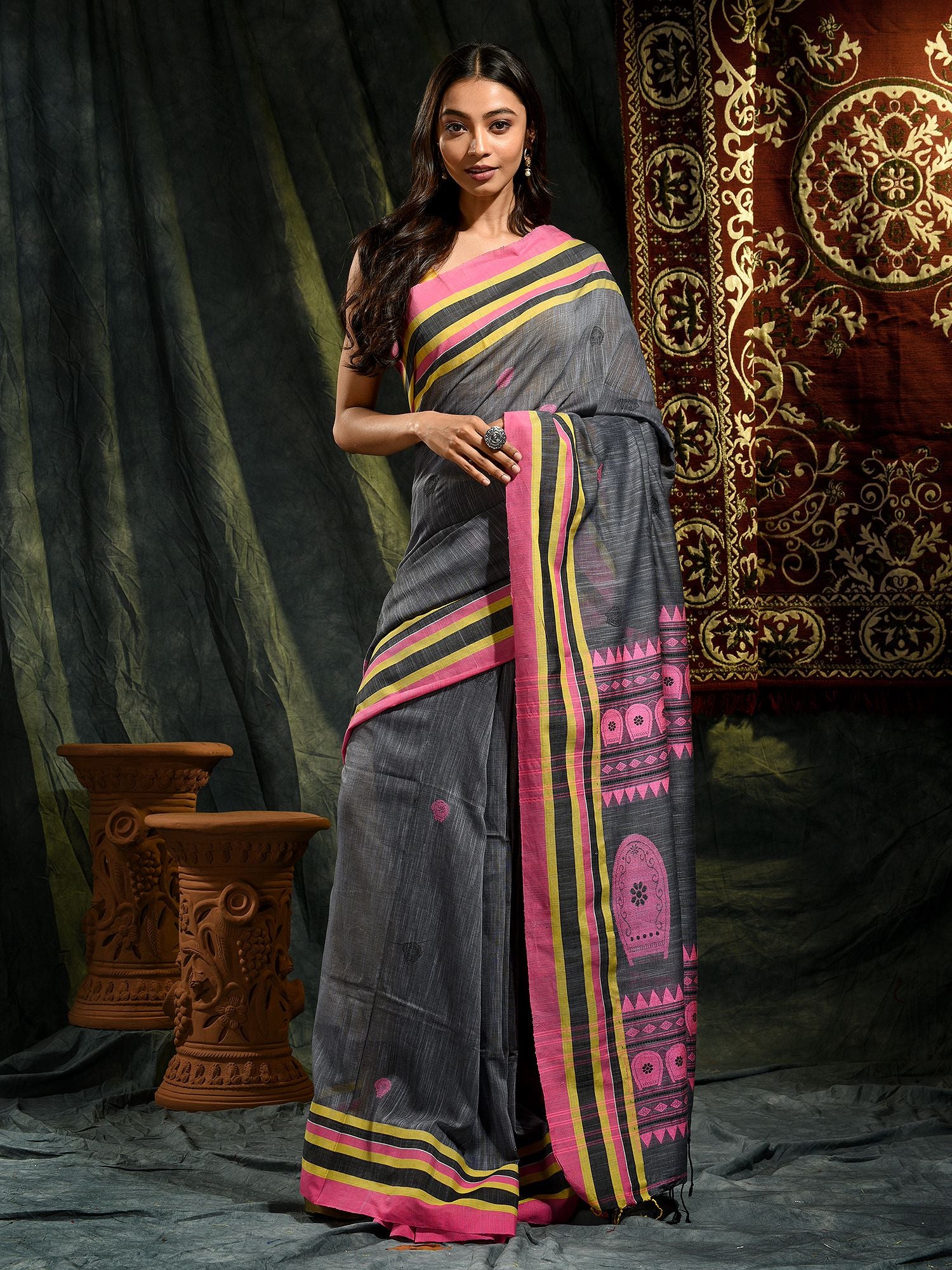 Grey Pure Cotton hand woven saree with Pink border