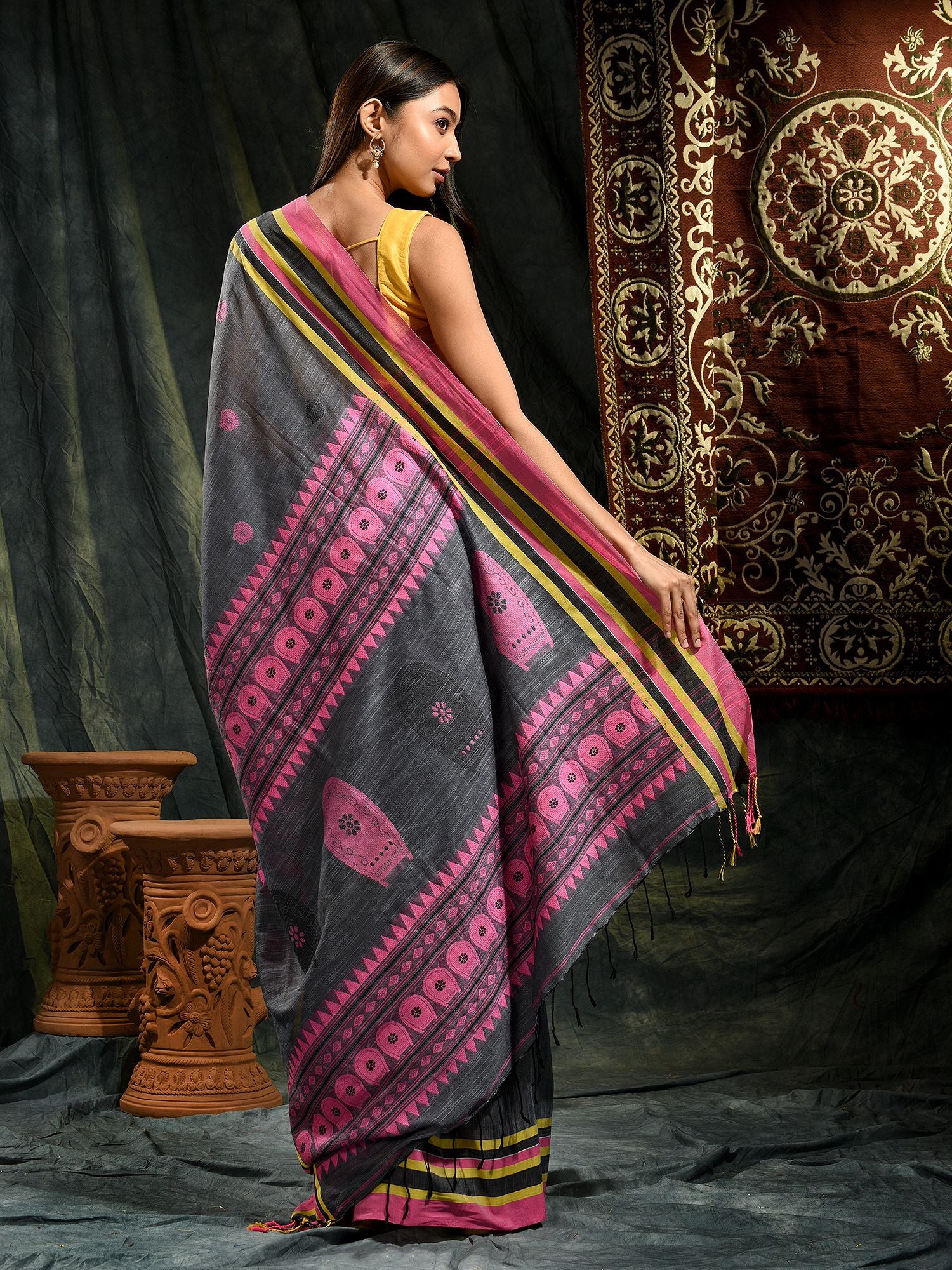 Grey Pure Cotton hand woven saree with Pink border