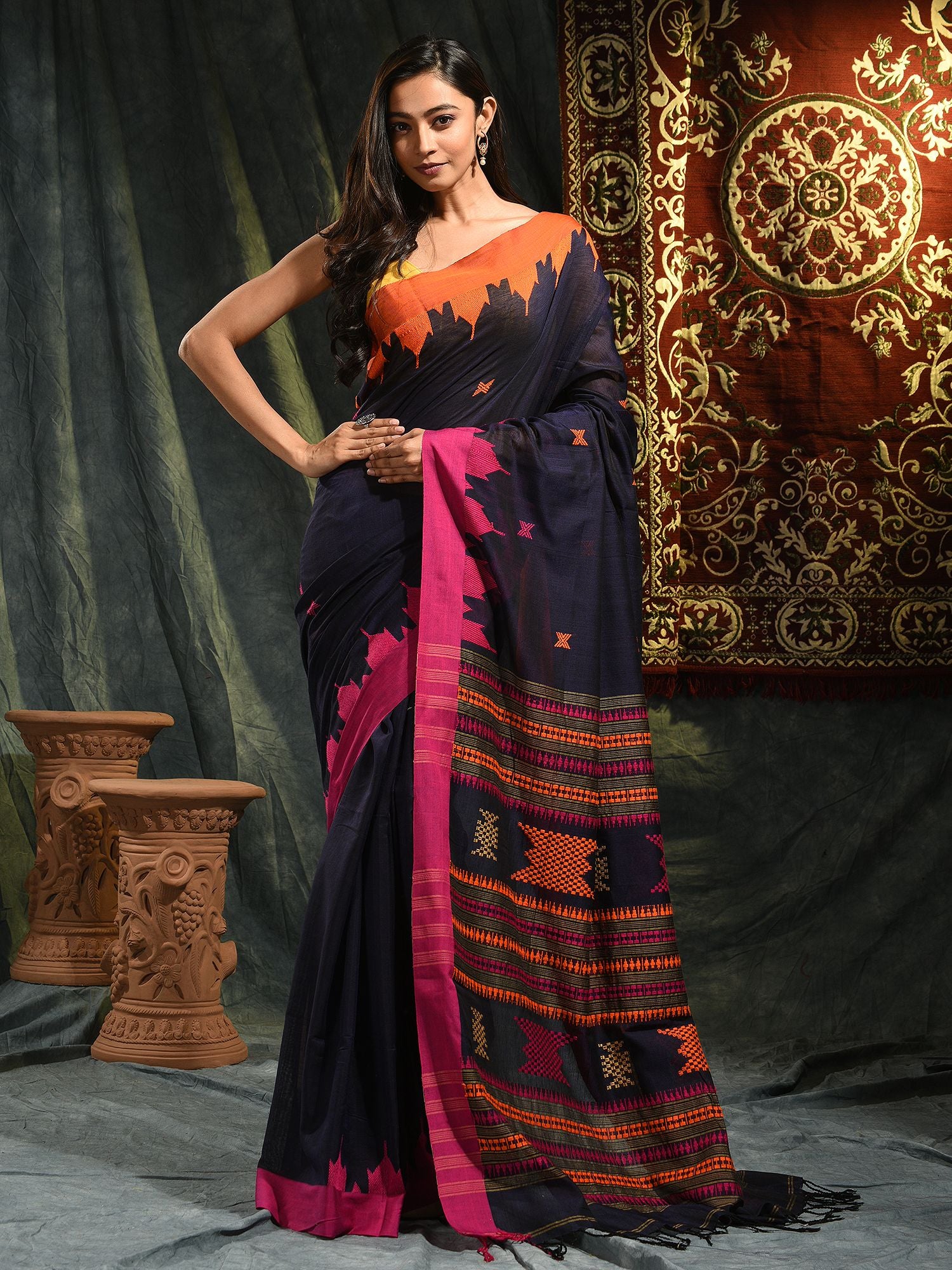 Blue hand woven Cotton saree with duel border