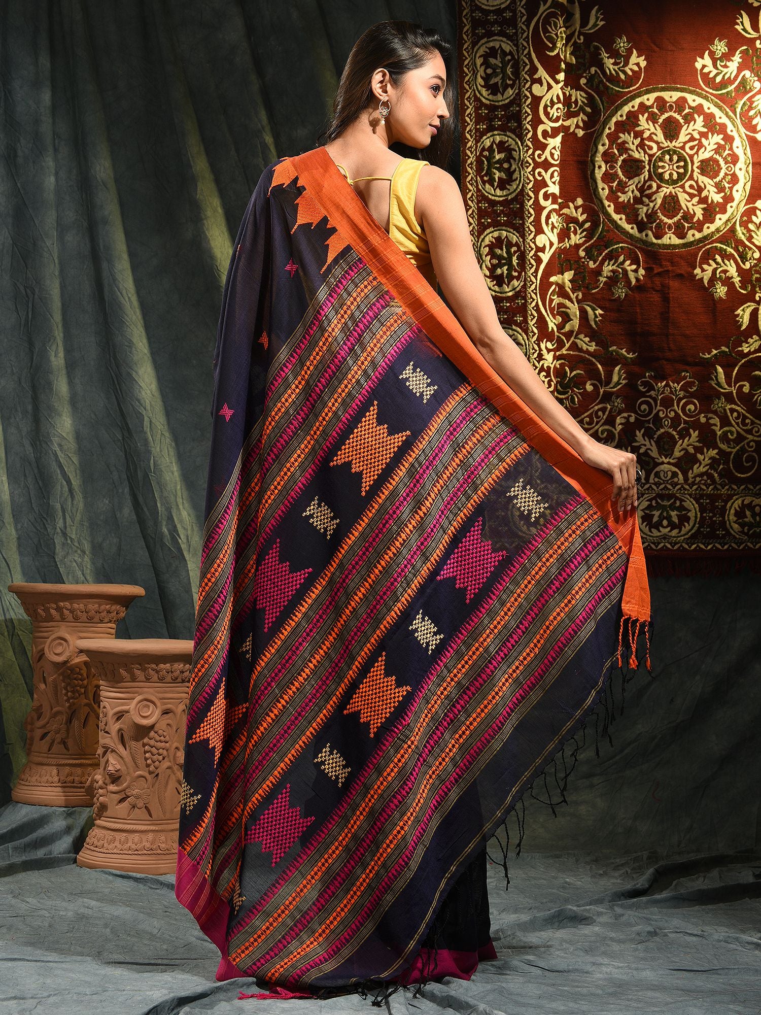 Blue hand woven Cotton saree with duel border