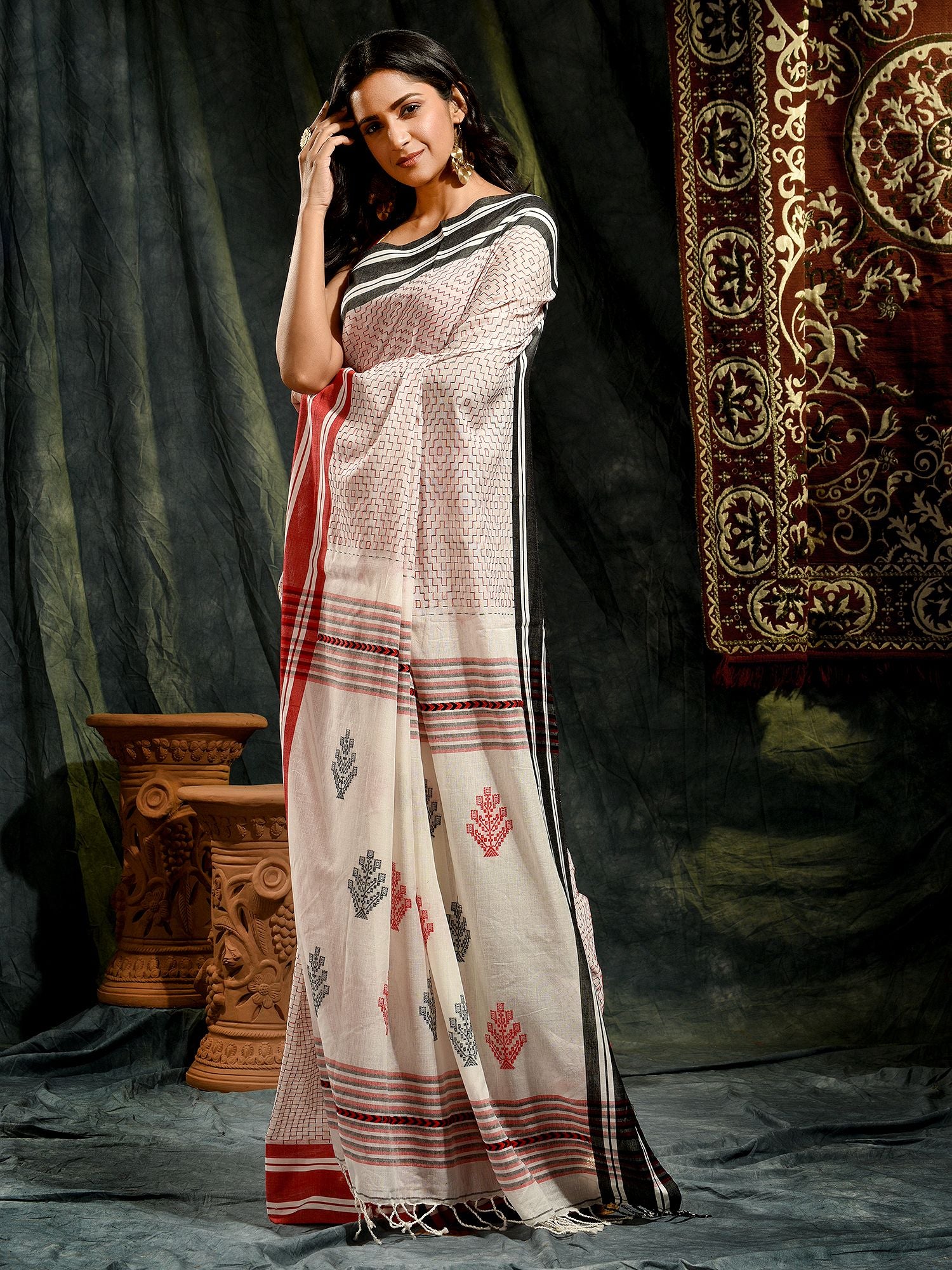 White Pure Cotton hand woven saree with stitch work