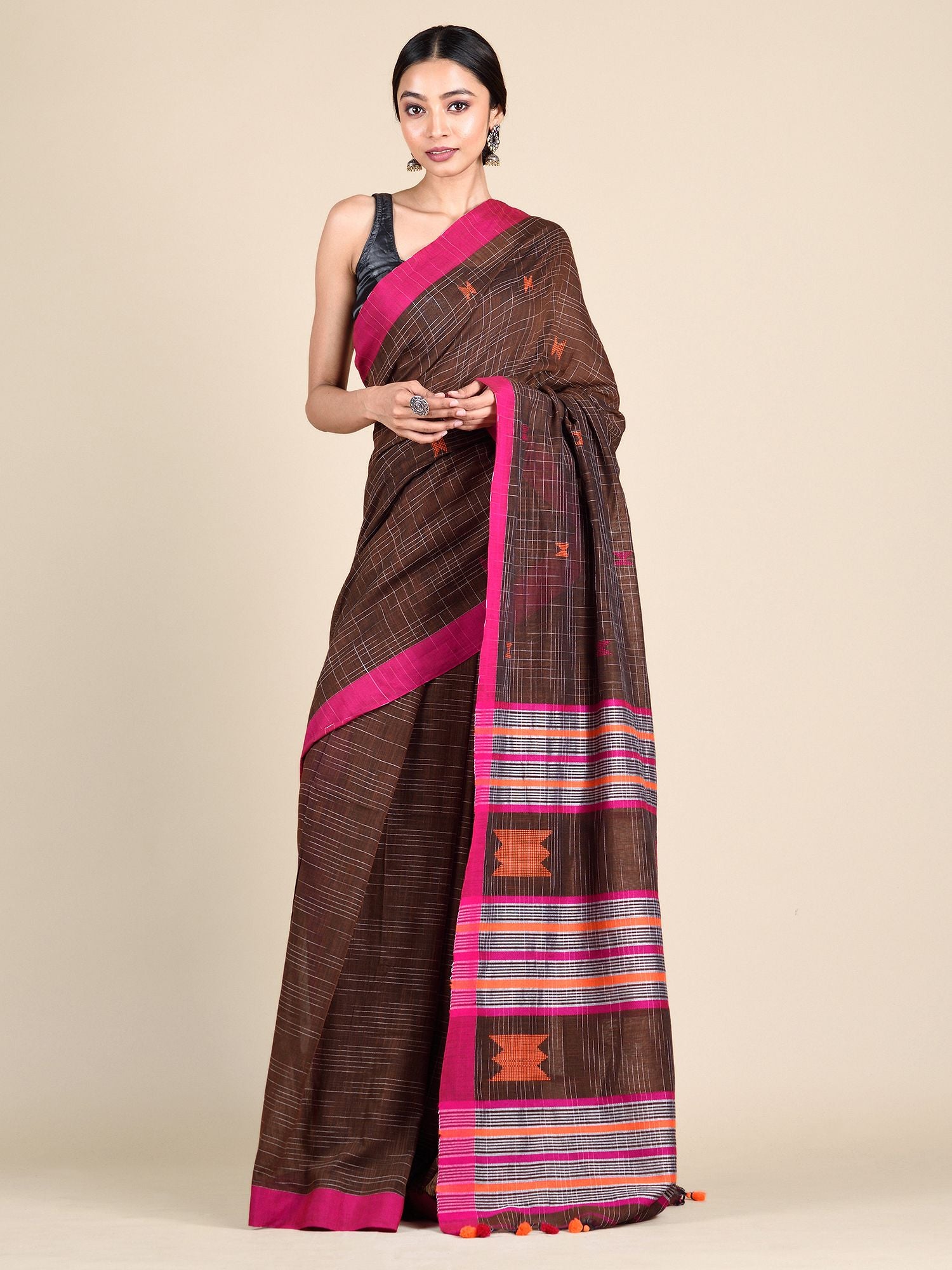 Chocolate Brown Pure Cotton hand woven saree with duel border