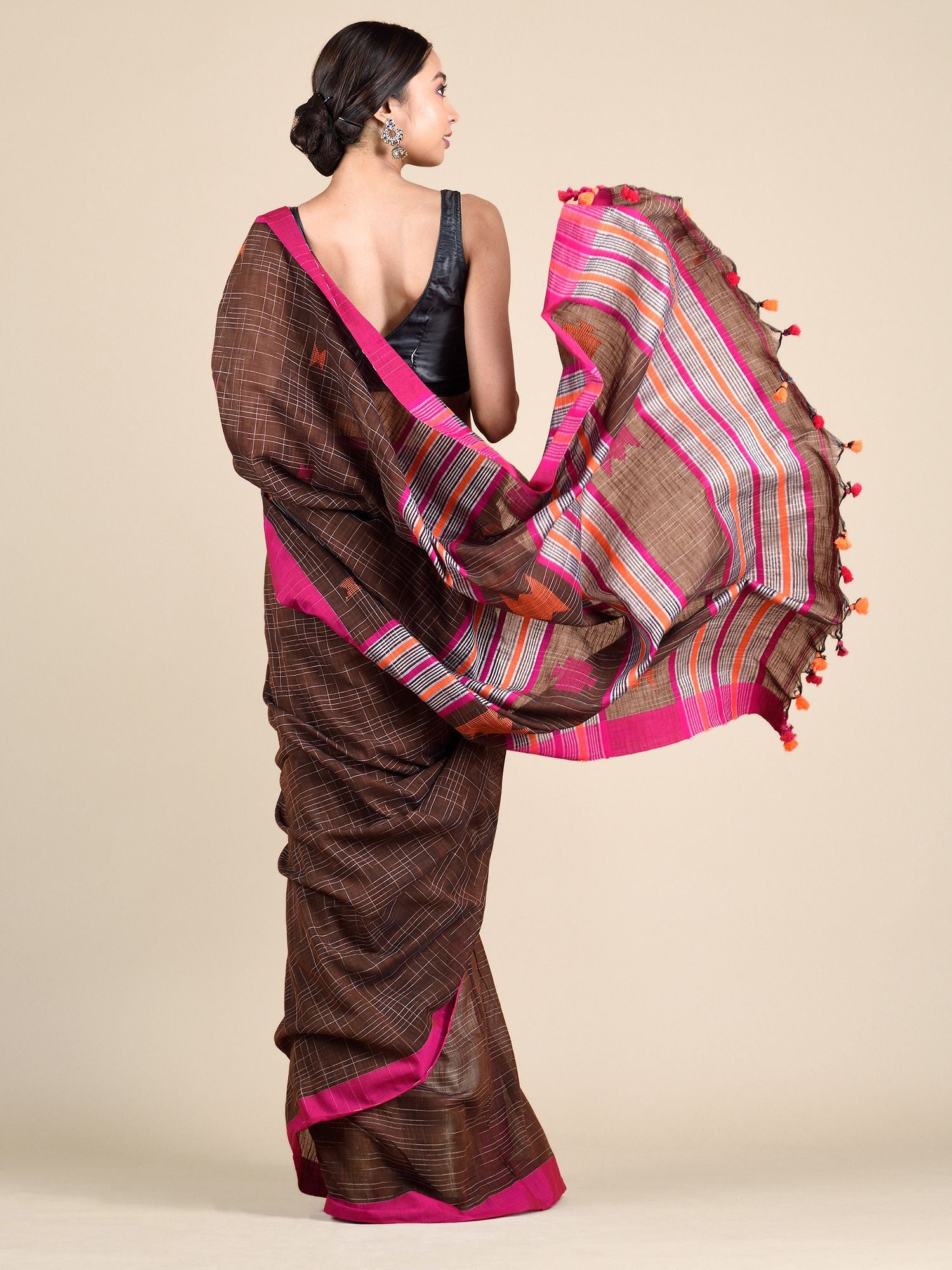 Chocolate Brown Pure Cotton hand woven saree with duel border