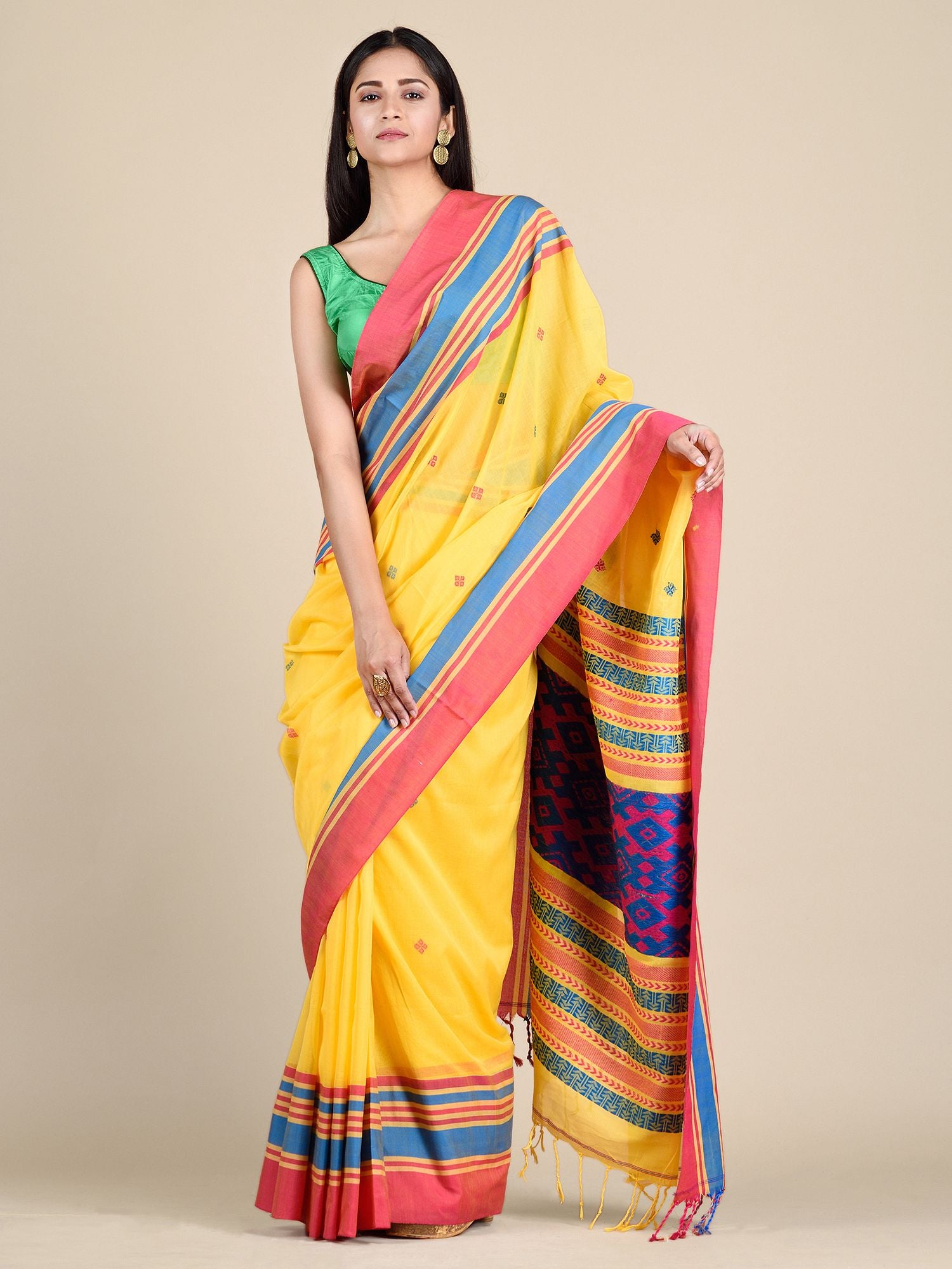 Yellow Pure Cotton Hand woven saree with Multicolor border