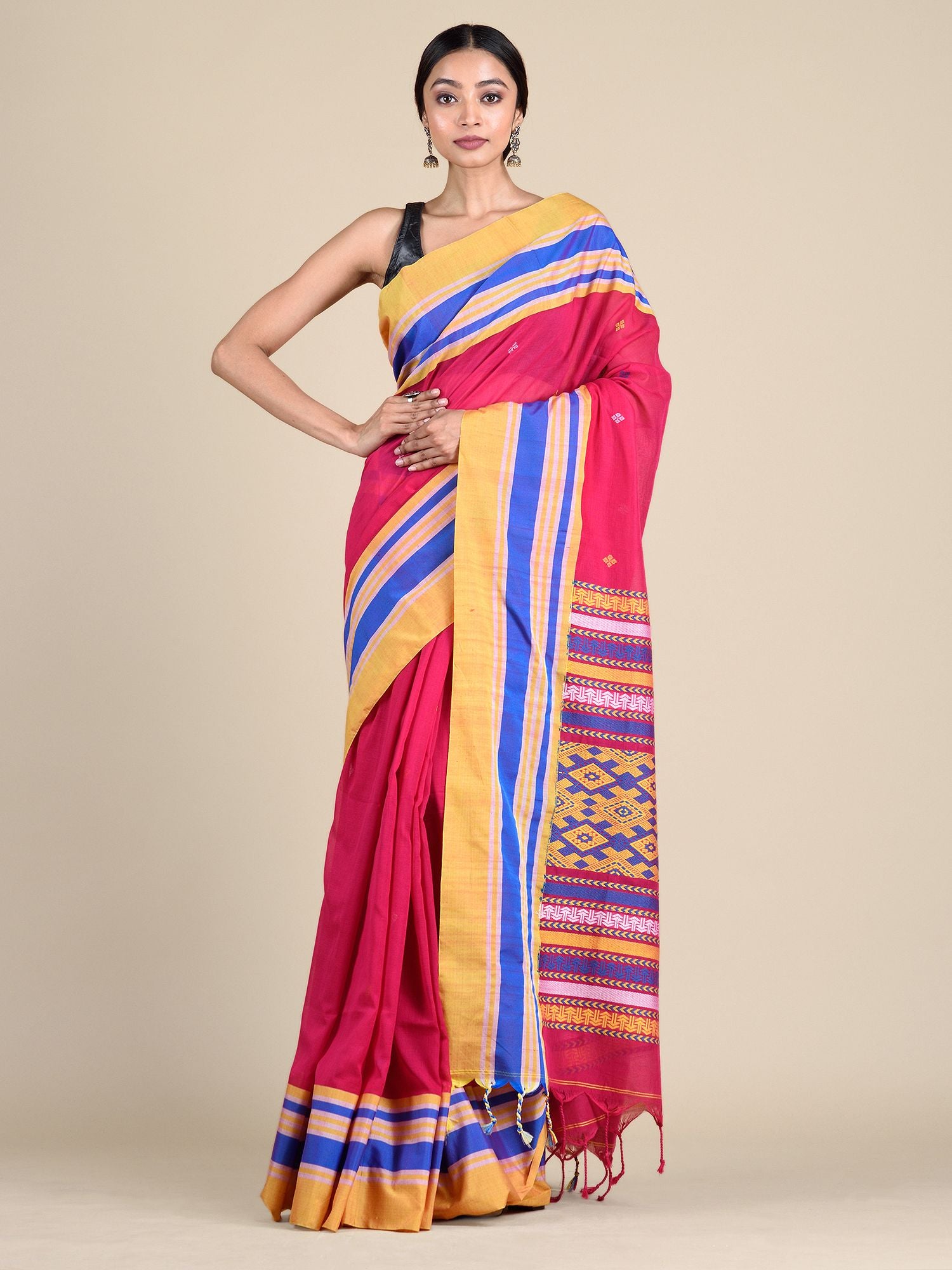 Rani Pure Cotton Hand woven saree with Multicolor border