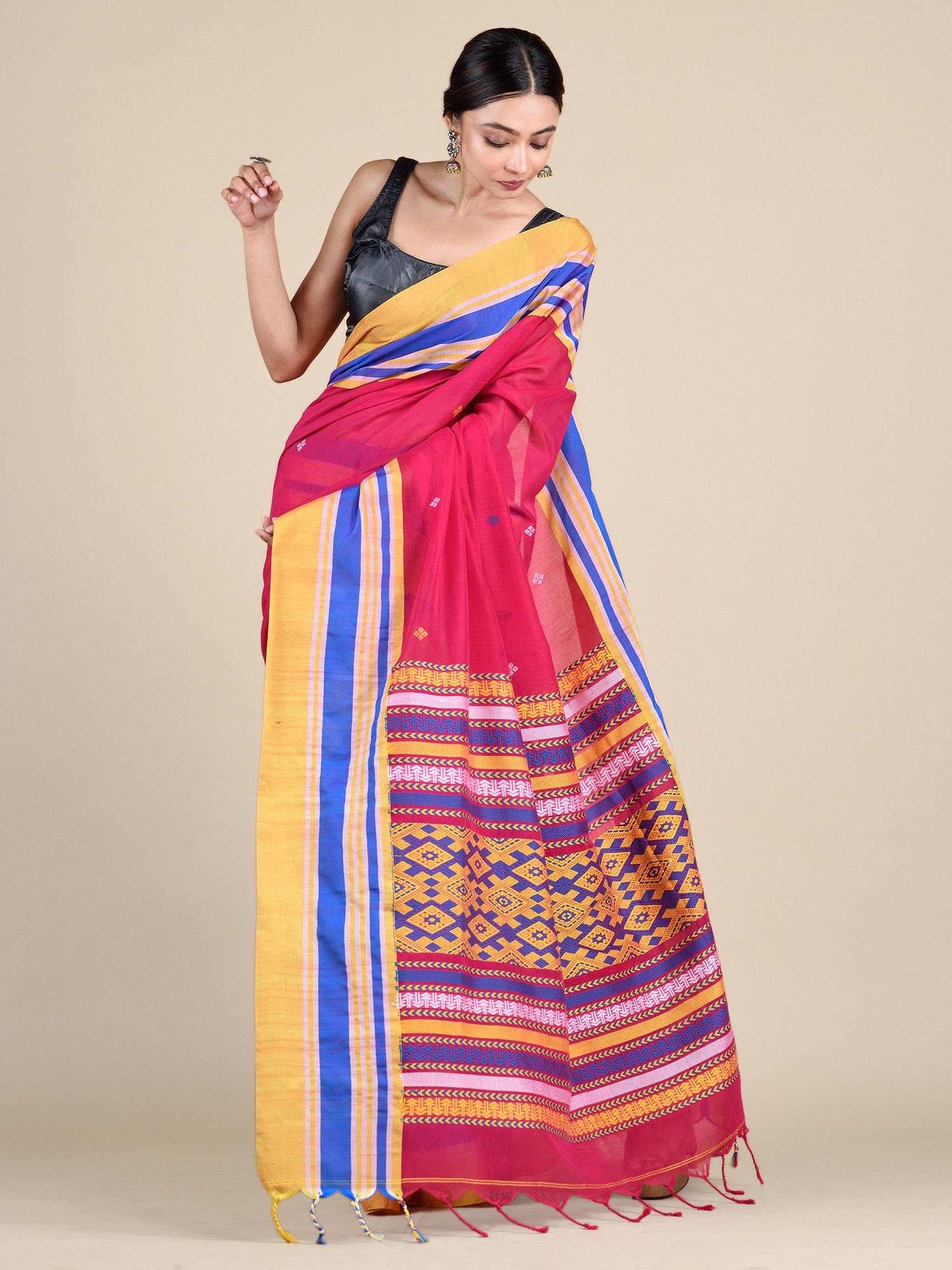 Rani Pure Cotton Hand woven saree with Multicolor border