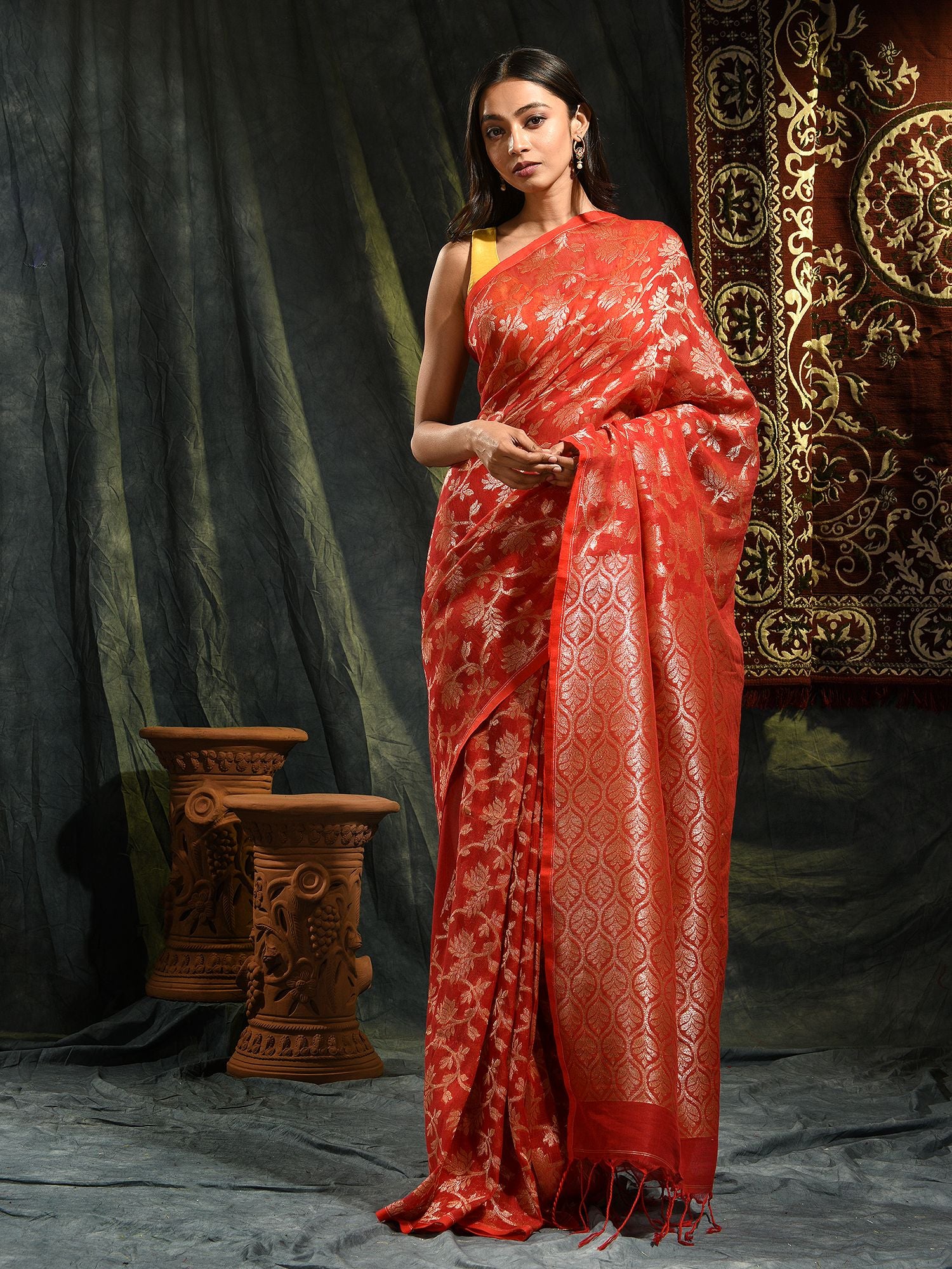 Red Pure Linen Hand Woven Saree with Zari