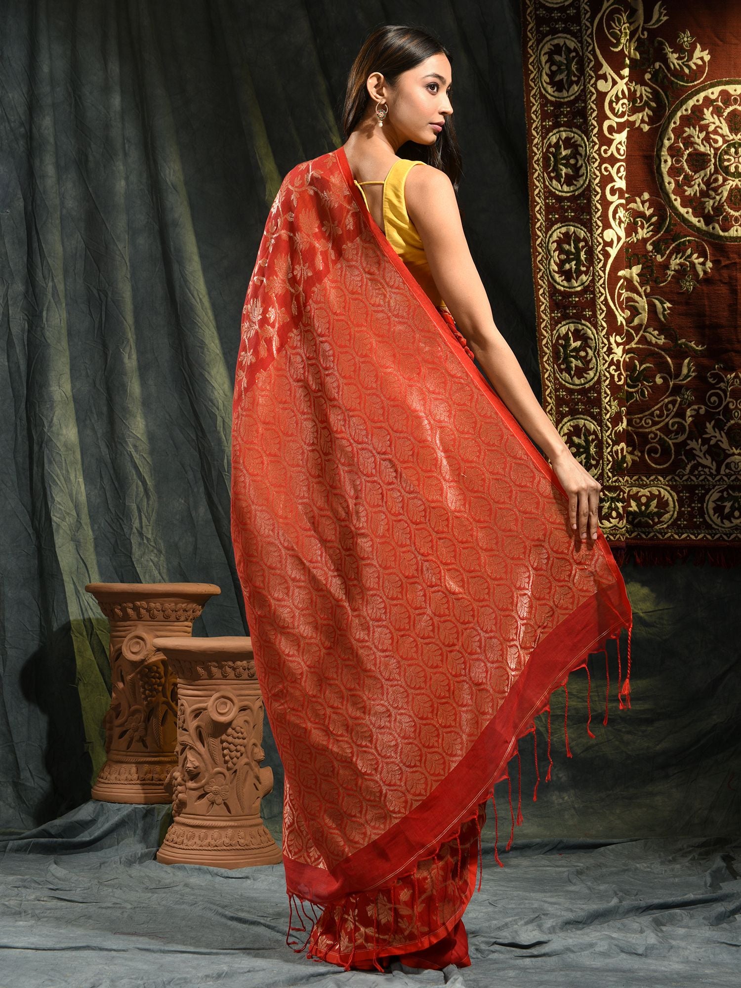 Red Pure Linen Hand Woven Saree with Zari