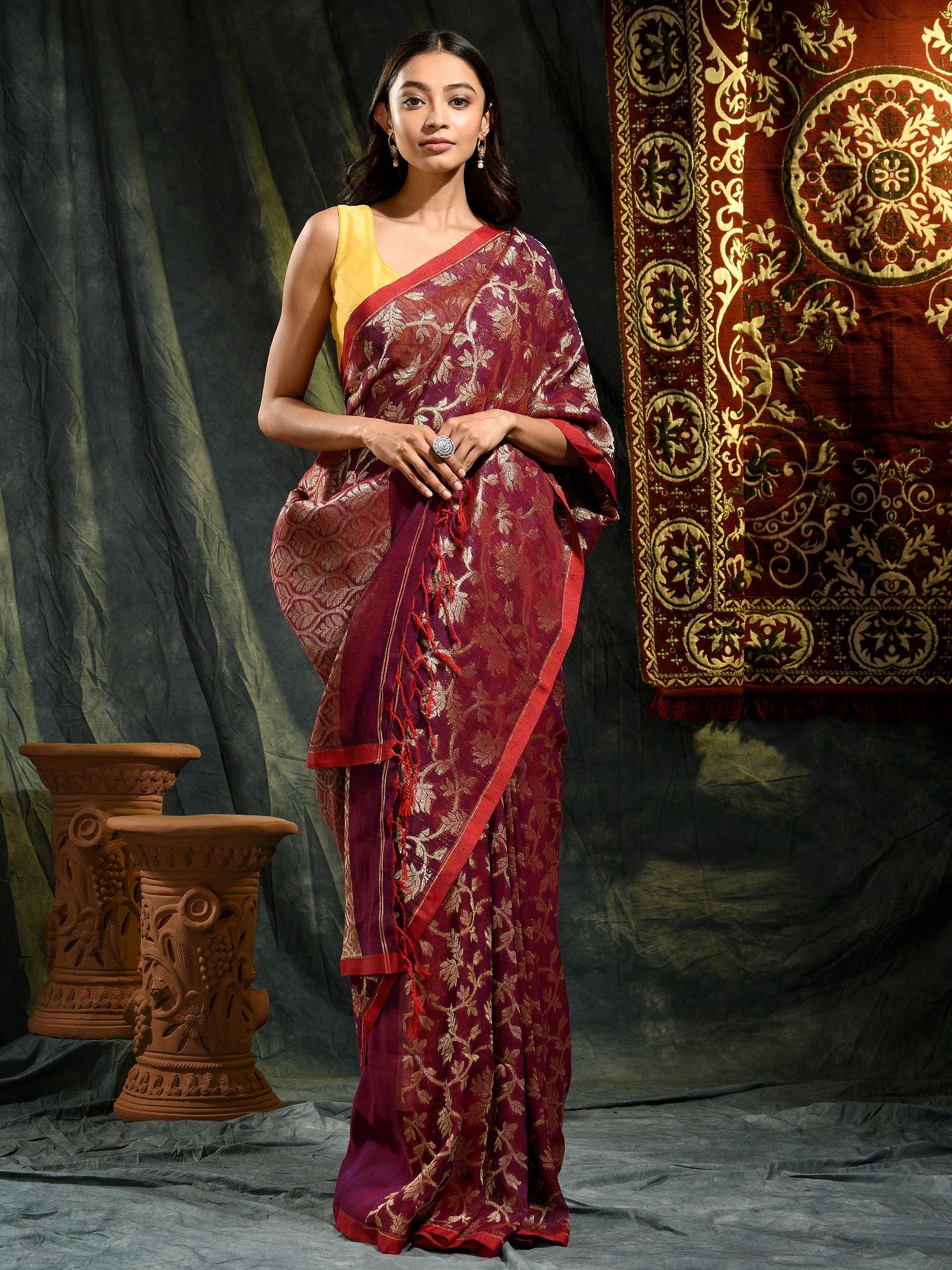 Magenta Pure Linen Hand Woven Saree with Zari