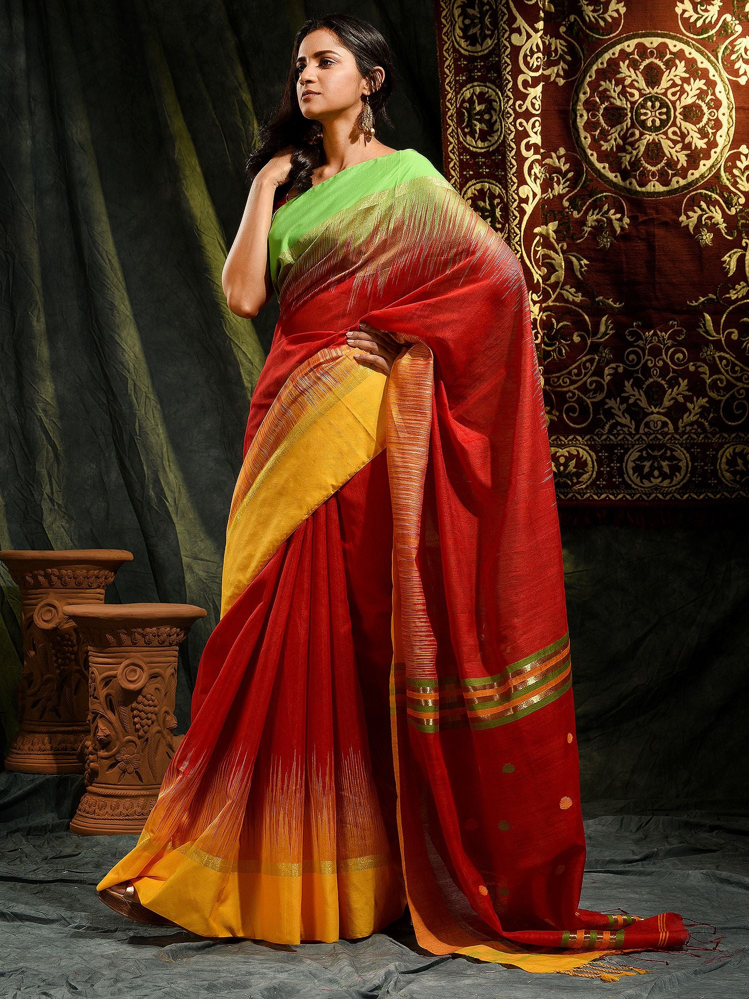 Red Blended Cotton hand woven saree