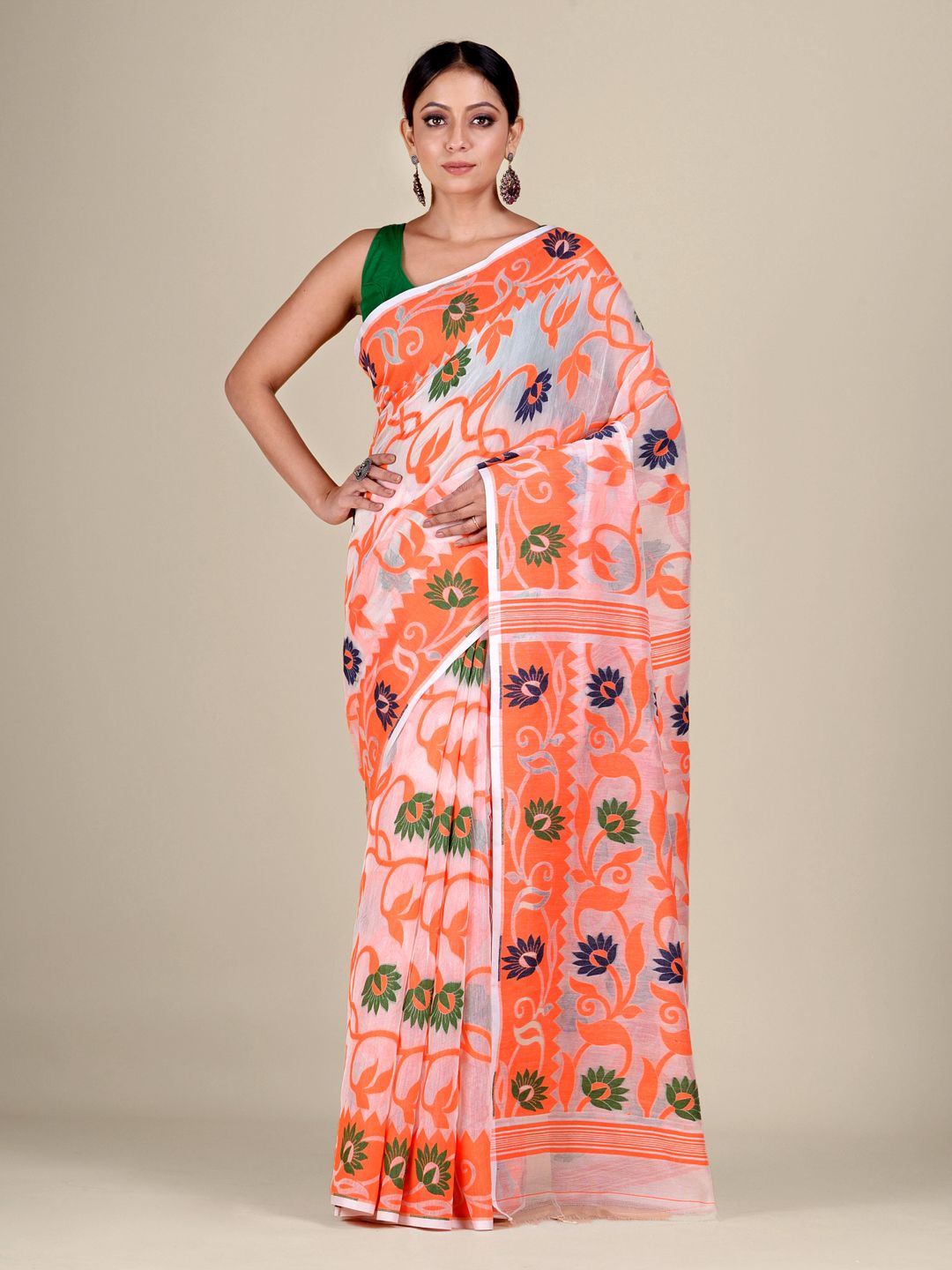 White  and Orange silk Cotton hand woven soft Jamdani saree with floral weaving