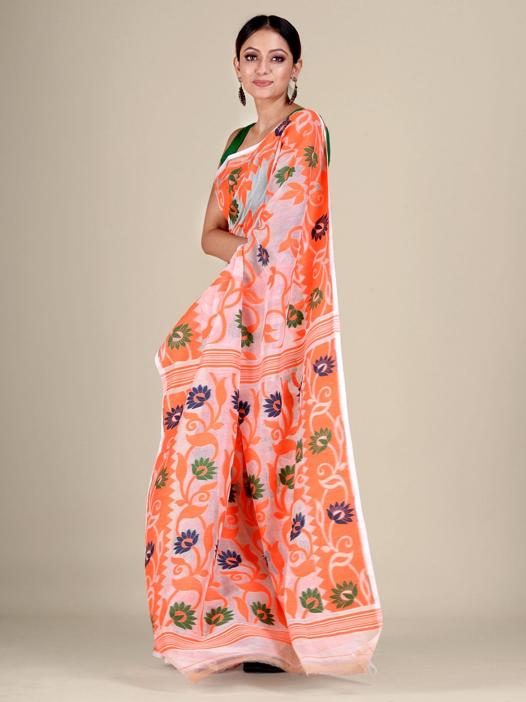 White  and Orange silk Cotton hand woven soft Jamdani saree with floral weaving